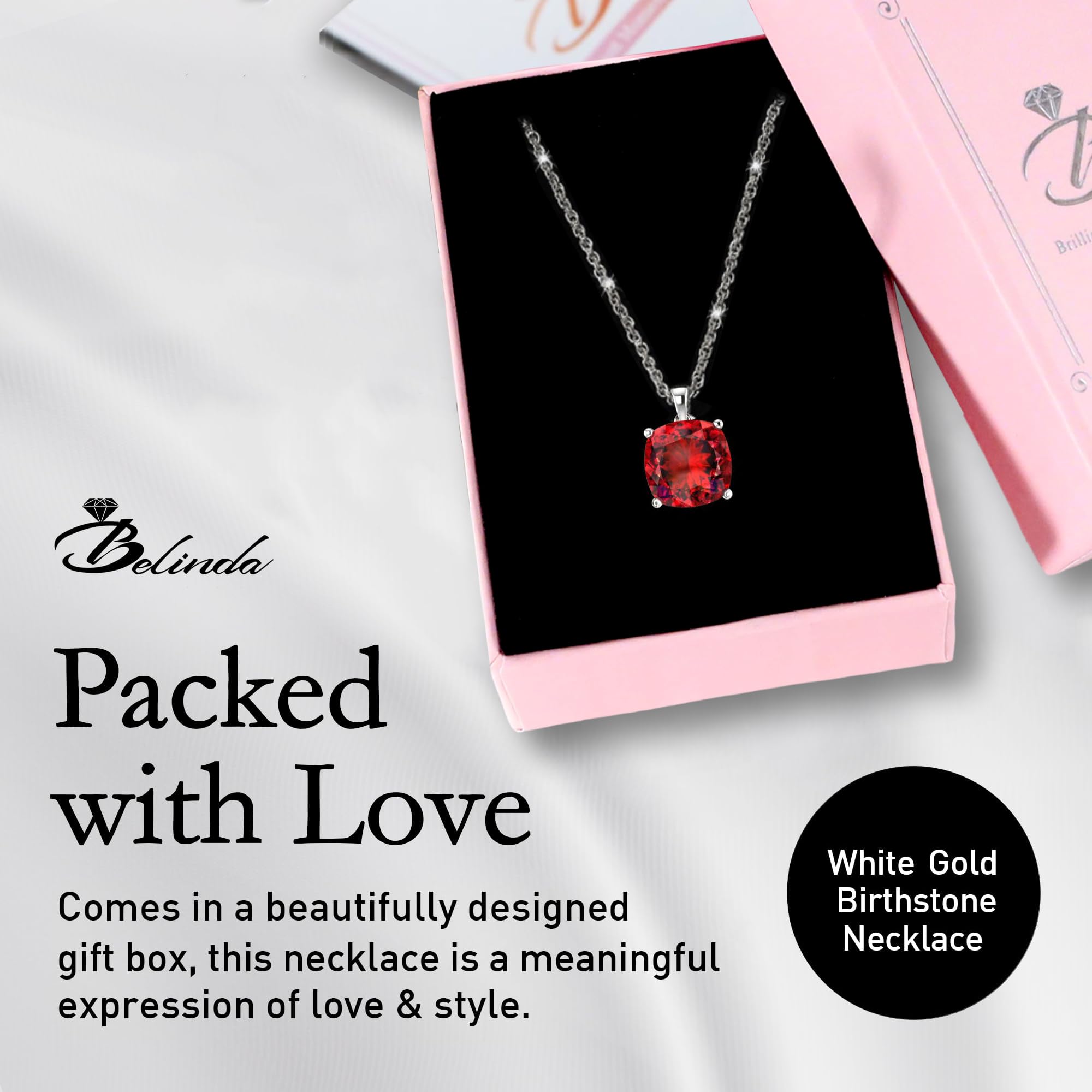 14K White & Yellow Gold Birthstone Pendant Necklace for Women - Sparkling Cushion Cut Gemstone on Sterling Silver Chain - Elegant Fine Jewelry Gift for Birthday, Anniversary & Special Occasions