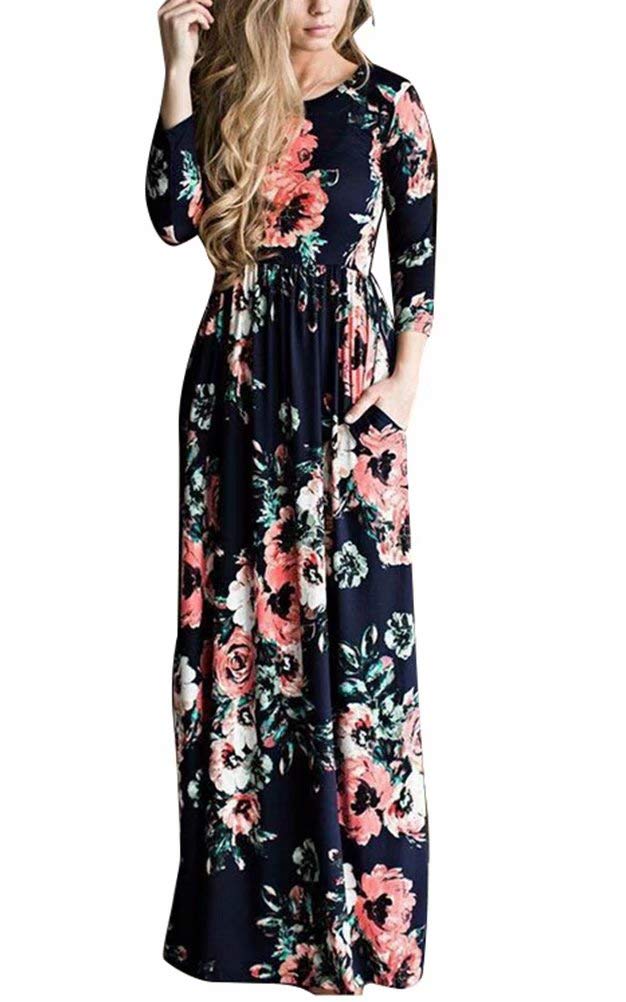 WearFun Women's Floral Print Maxi Dress - Boho 3/4 Sleeve High Waist Summer Dress with Pockets | Perfect for Beach Vacations, Music Festivals & Casual Outings