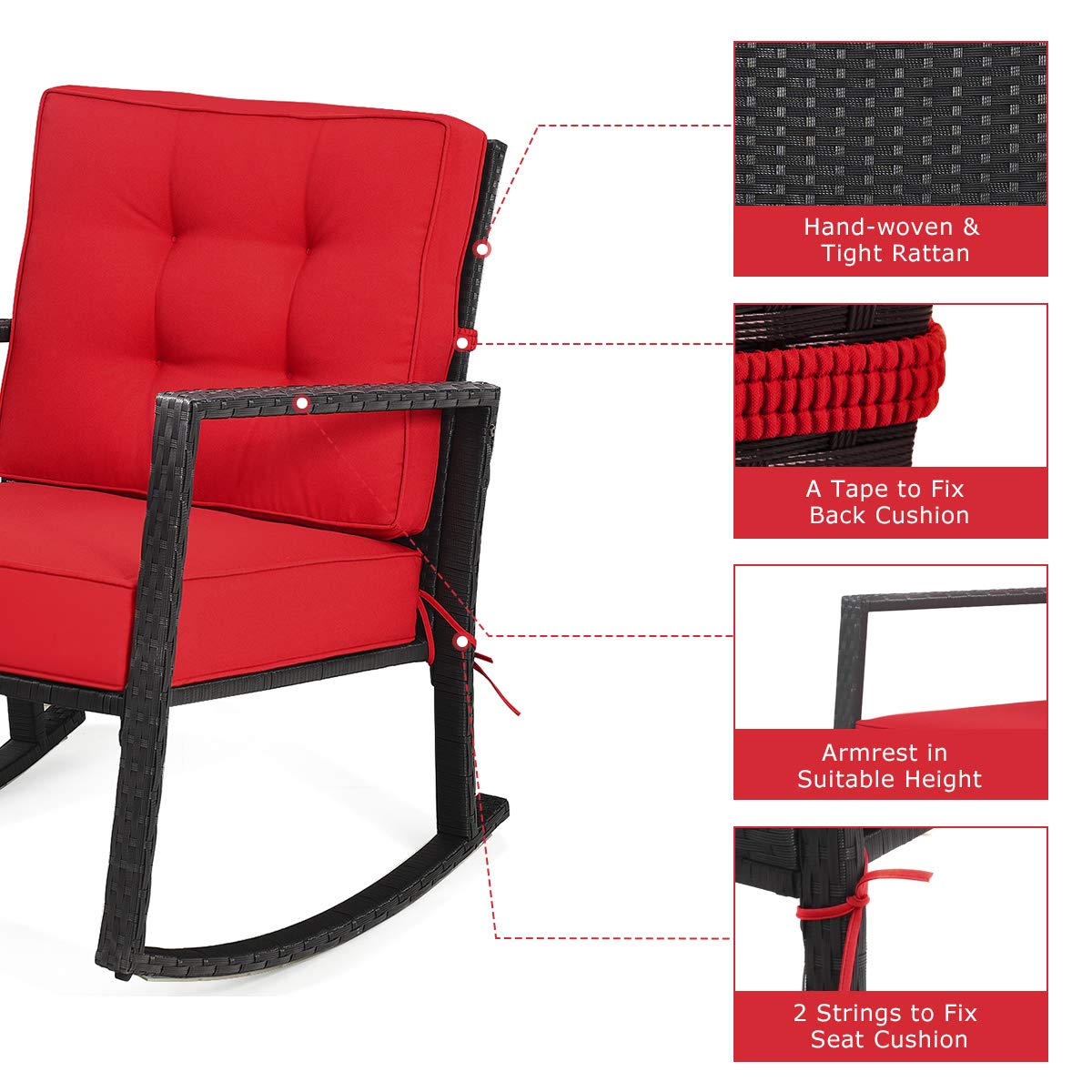 Hysache Patio Rocking Chair - Rattan Wicker Rocking Armchair with Thick Cushion & Sturdy Steel Frame - Outdoor Wicker Furniture for Poolside, Garden, Porch, Backyard (Red) - Perfect for Relaxing, Sunbathing & Outdoor Lounging