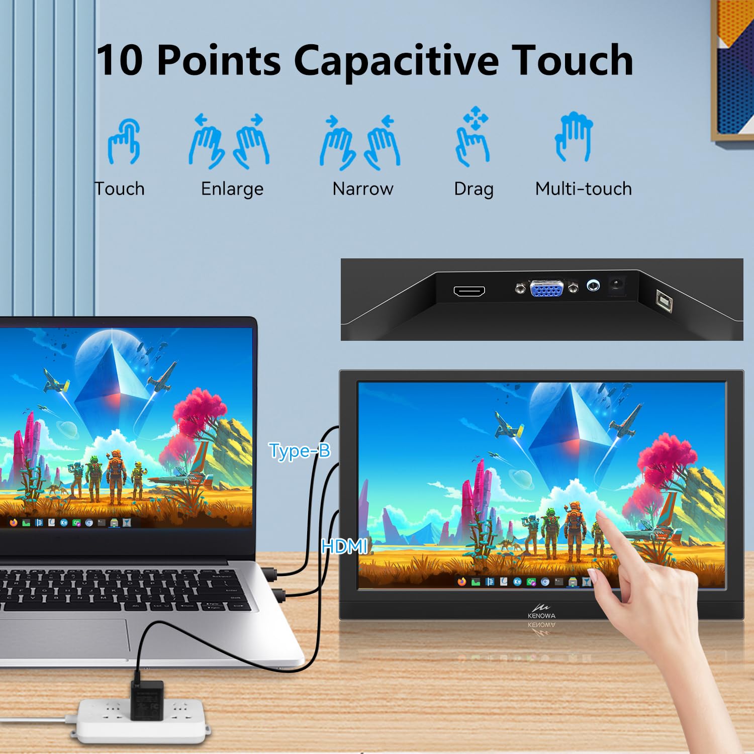 Kenowa 13.3 Inch Portable Touchscreen Monitor - IPS FHD 1080P HDMI External Display with Built-in Privacy Screen, Speakers & Adjustable Stand for Laptop, Computer, Windows OS, Raspberry Pi - Perfect for Remote Work, Gaming & Presentations