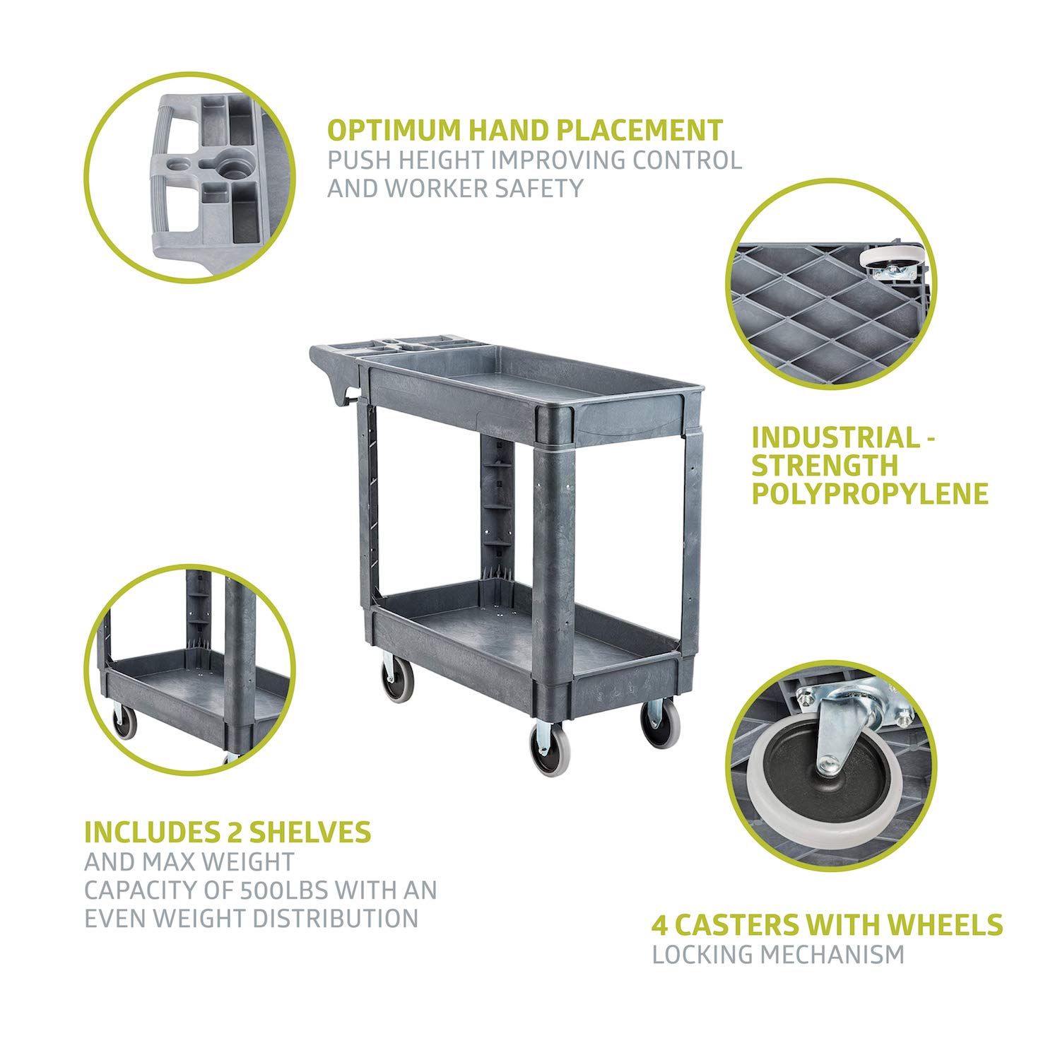 Pearington Heavy Duty 2-Tier Utility Rolling Cart with Wheels - 500lb Capacity, Gray (2T-29835) - Multi-Purpose Storage Organizer for Office, Warehouse, Kitchen & Workshop Supplies