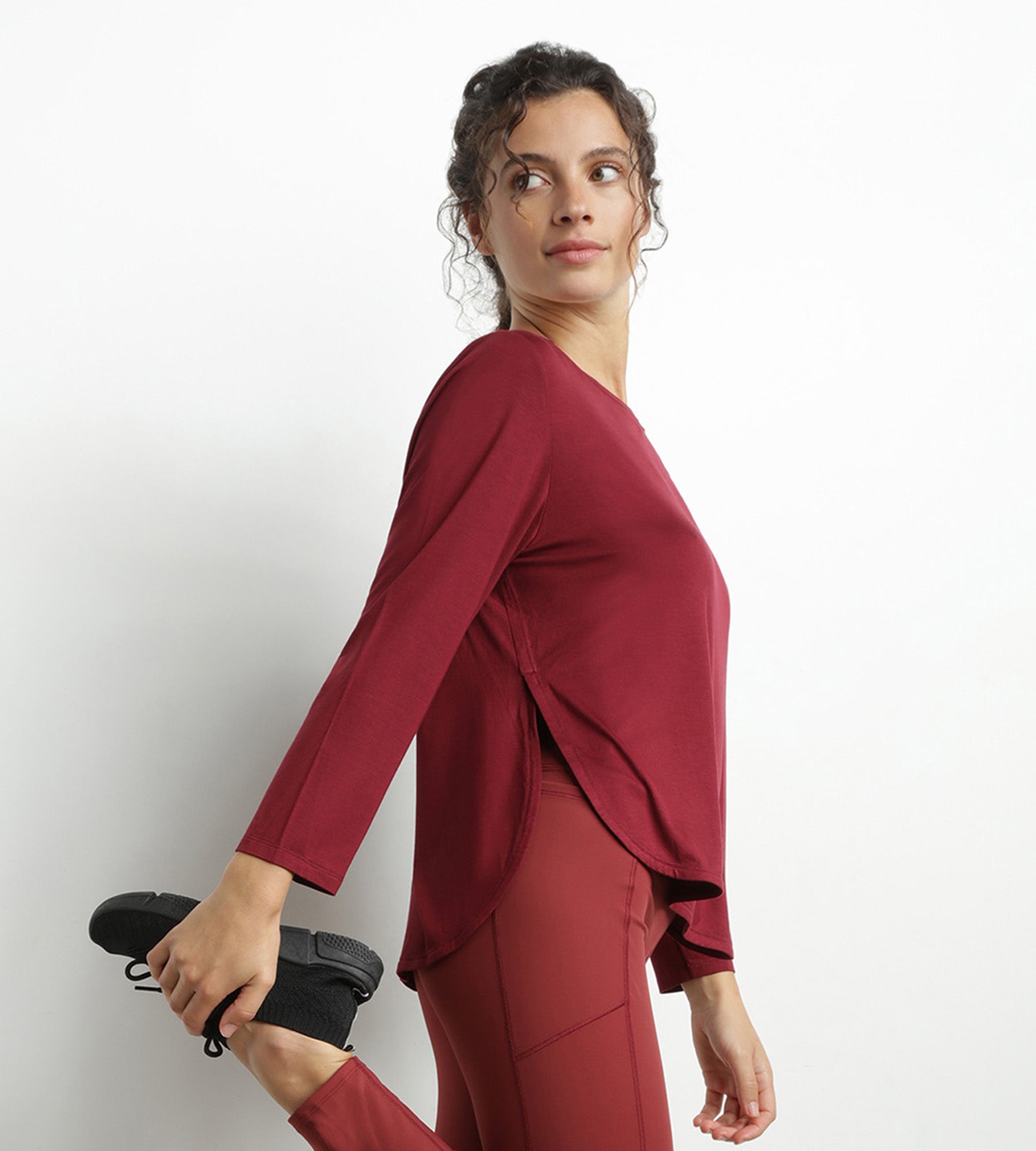 Women's Sporty Boat Neck Viscose Top in Bordeaux - Comfortable & Stylish Activewear for Yoga, Gym & Casual Wear