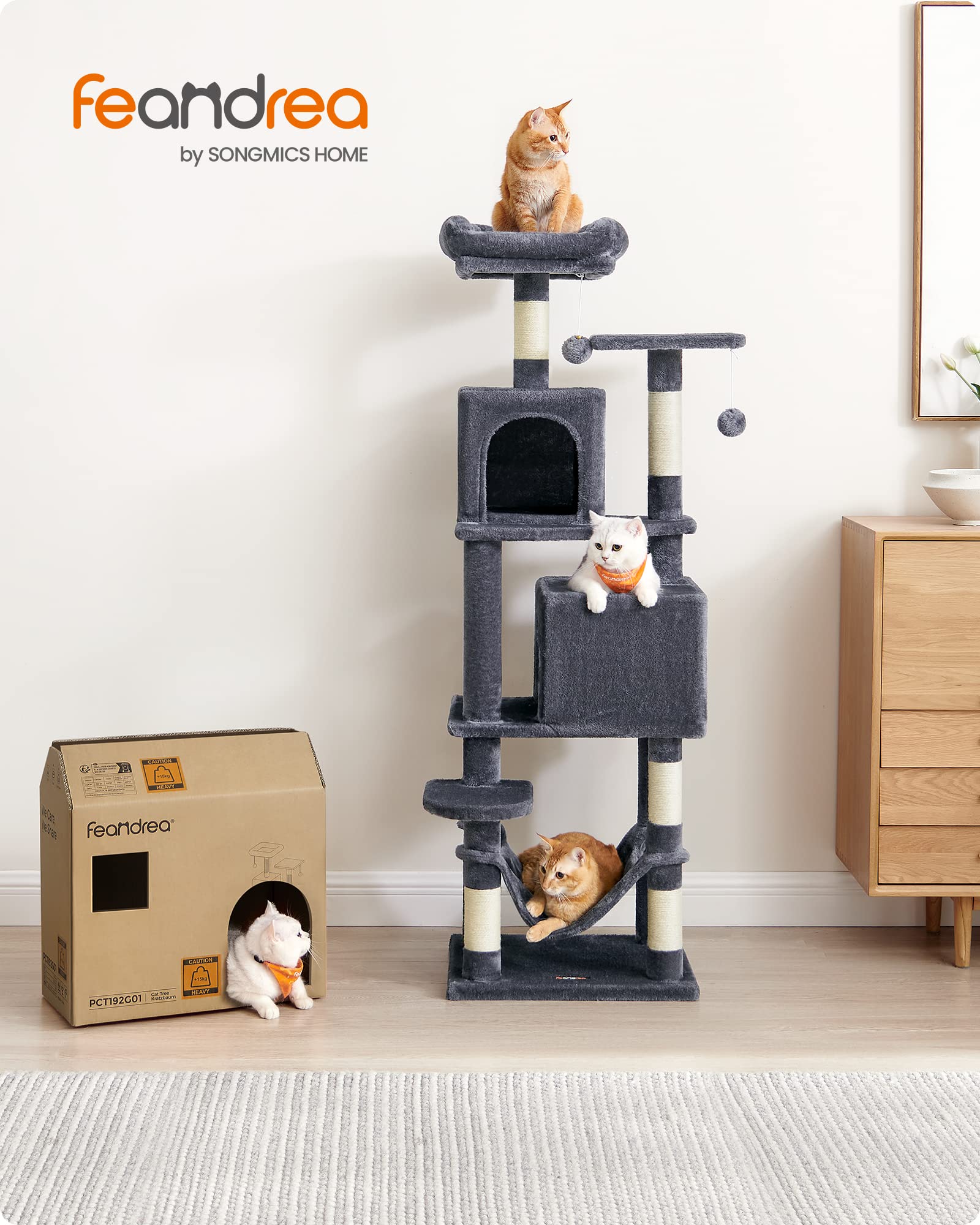 Feandrea 61-Inch Cat Tree for Indoor Cats - Multi-Level Cat Condo with 5 Scratching Posts, 2 Perches, Hammock & Toys - Durable Pet Furniture for Play & Rest (Smoky Gray) - Perfect for Small Spaces & Multi-Cat Homes