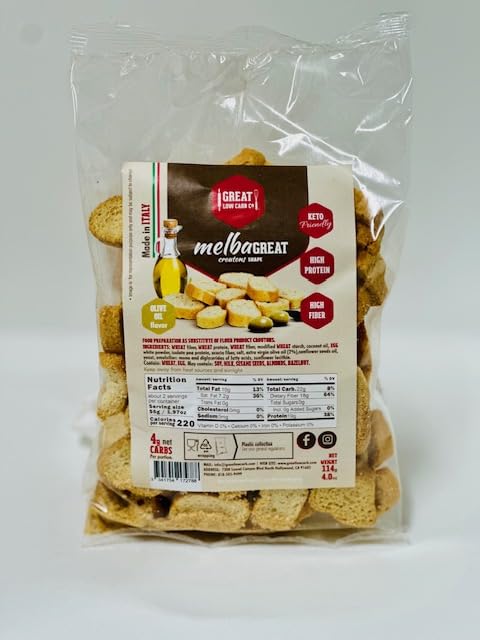 Great Low Carb Company Keto Melba Toast - Olive Oil Flavor, Crouton Shape (4oz) | Low Carb, High Protein Snack with 4g Net Carbs & 19g Protein | Perfect for Salads, Soups & Keto Diet