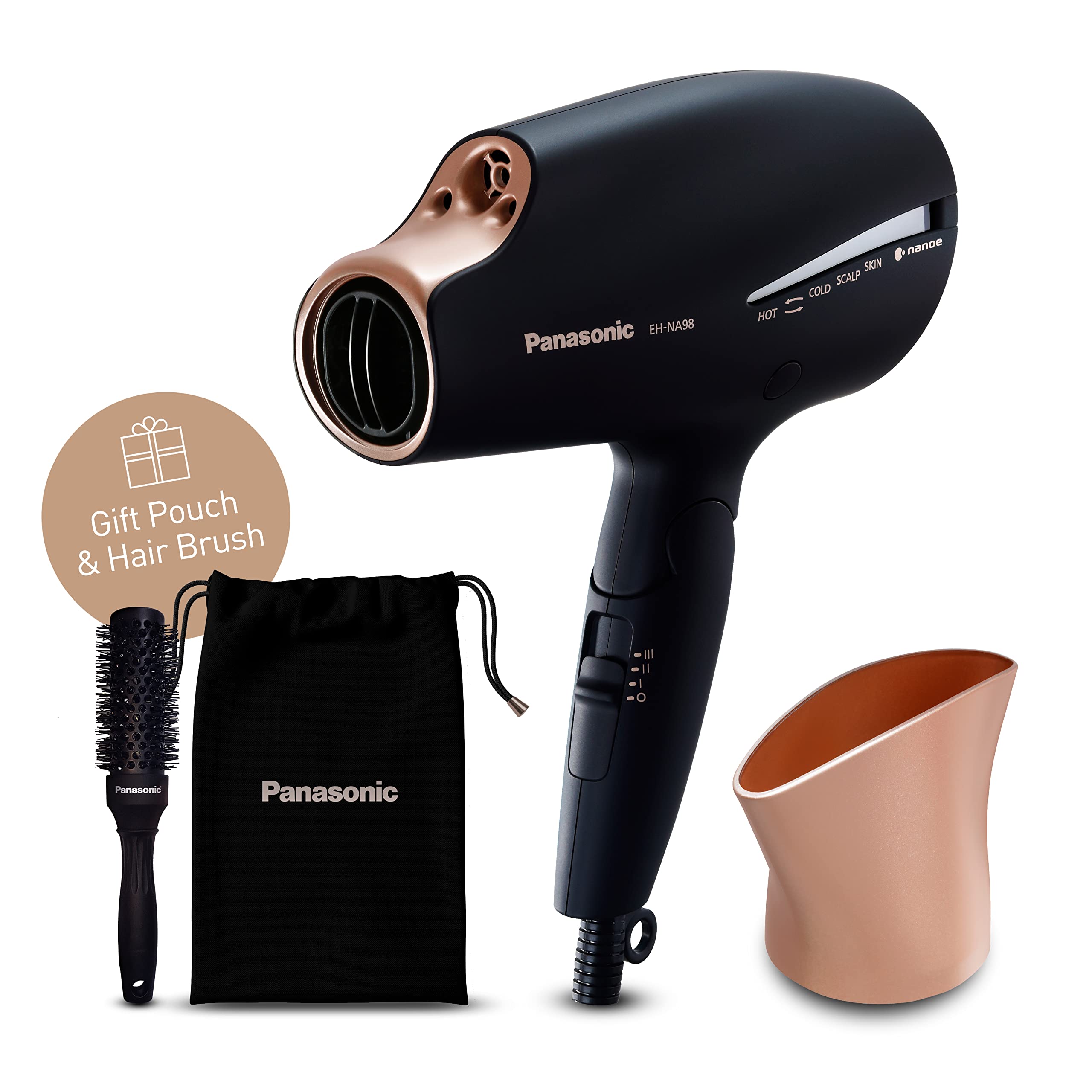 Panasonic EH-NA98 Nanoe Hair Dryer with Double Mineral Technology - Folding Travel Hair Dryer for Damaged Hair, Reduces Frizz & Split Ends - Includes Styling Nozzle, Hair Brush & Travel Pouch - Perfect for Home Use, Salon Styling & Holiday Gifts