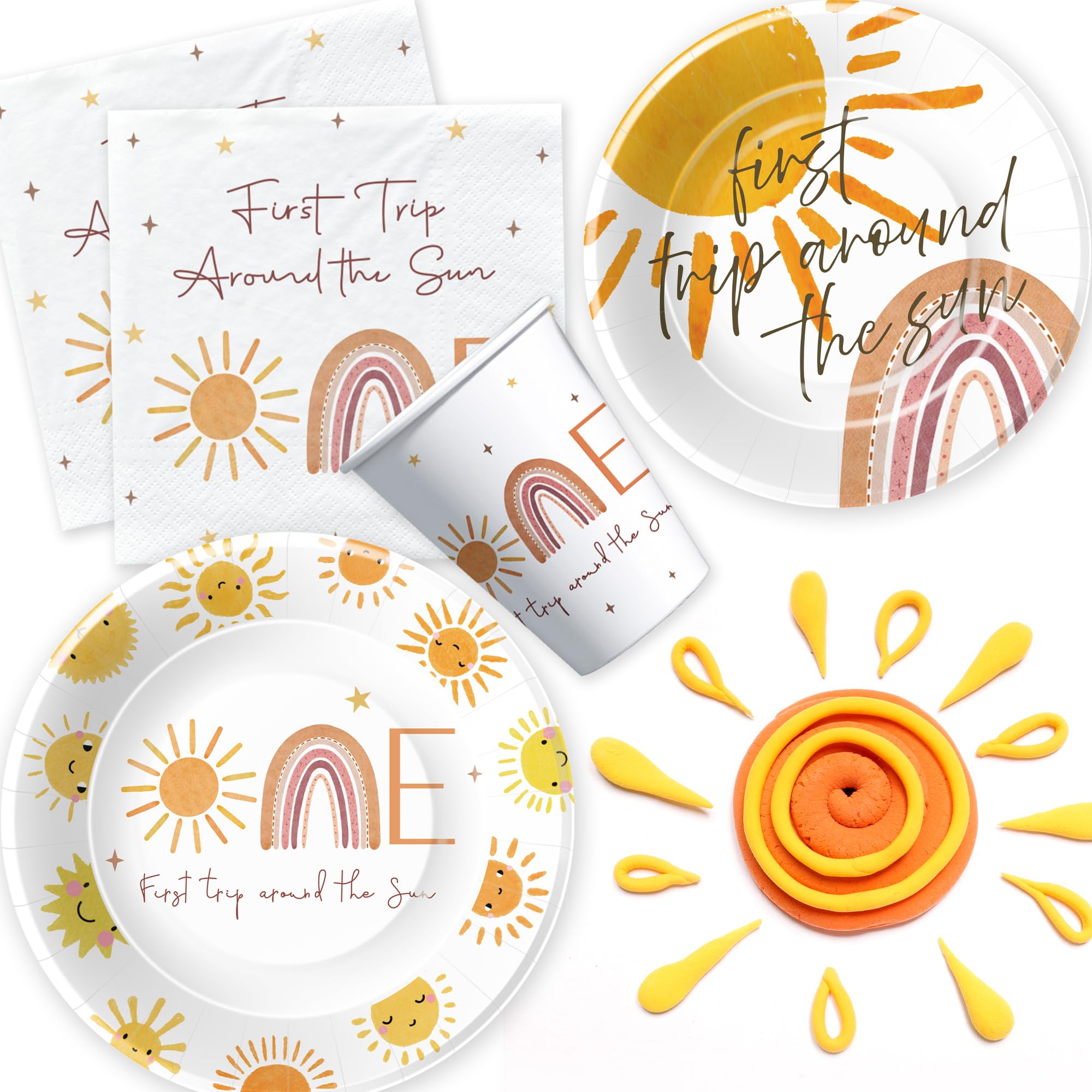 Boho Sunshine 1st Birthday Party Supplies Set - Plates, Cups, Napkins & Table Decor for Baby's First Trip Around The Sun Celebration | 24-Piece Dinnerware Kit for Boho-Themed First Birthday Parties & Milestone Celebrations