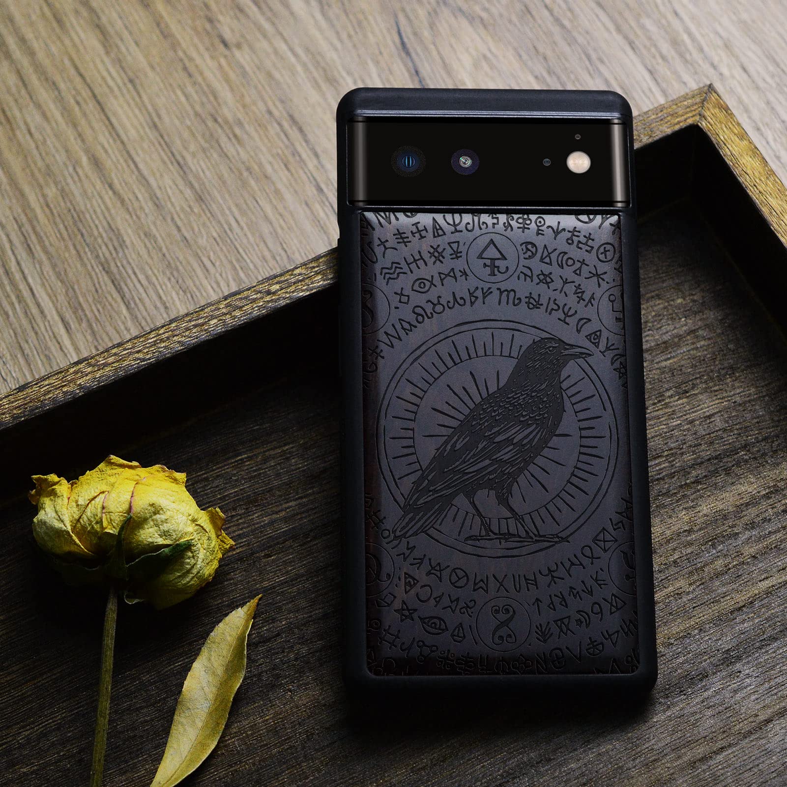 Carveit Wooden Case for Google Pixel 6 (2021) - Natural Wood & Black TPU Shockproof Protective Cover - Witchcraft Raven-Blackwood Design - Perfect for Outdoor Adventures & Everyday Protection