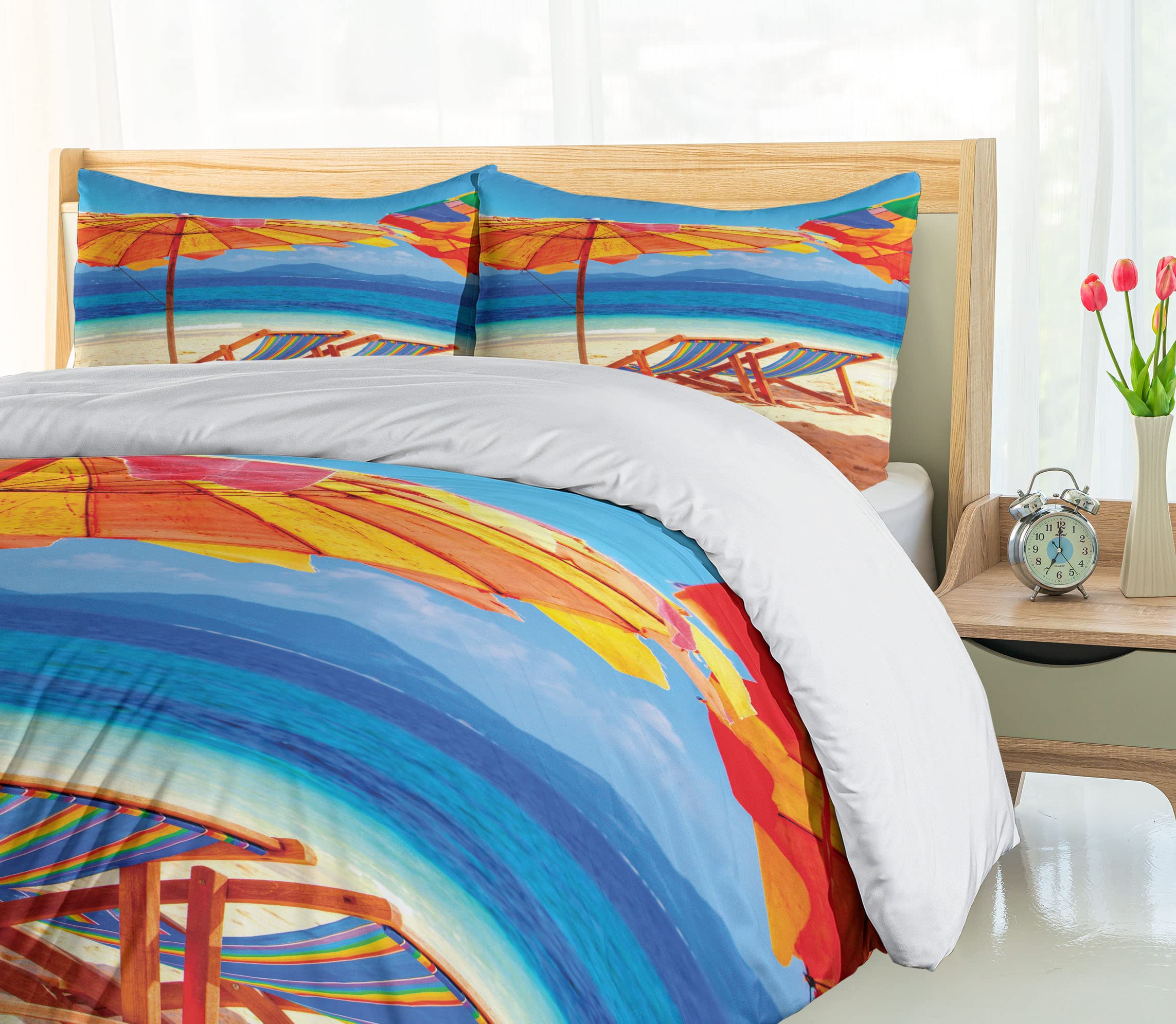 Ambesonne Tropical Beach Duvet Cover Set - 3 Piece California King Bedding with 2 Pillow Shams, Orange & Blue Coastal Decor - Perfect for Beach House, Vacation Rental & Tropical Bedroom Themes