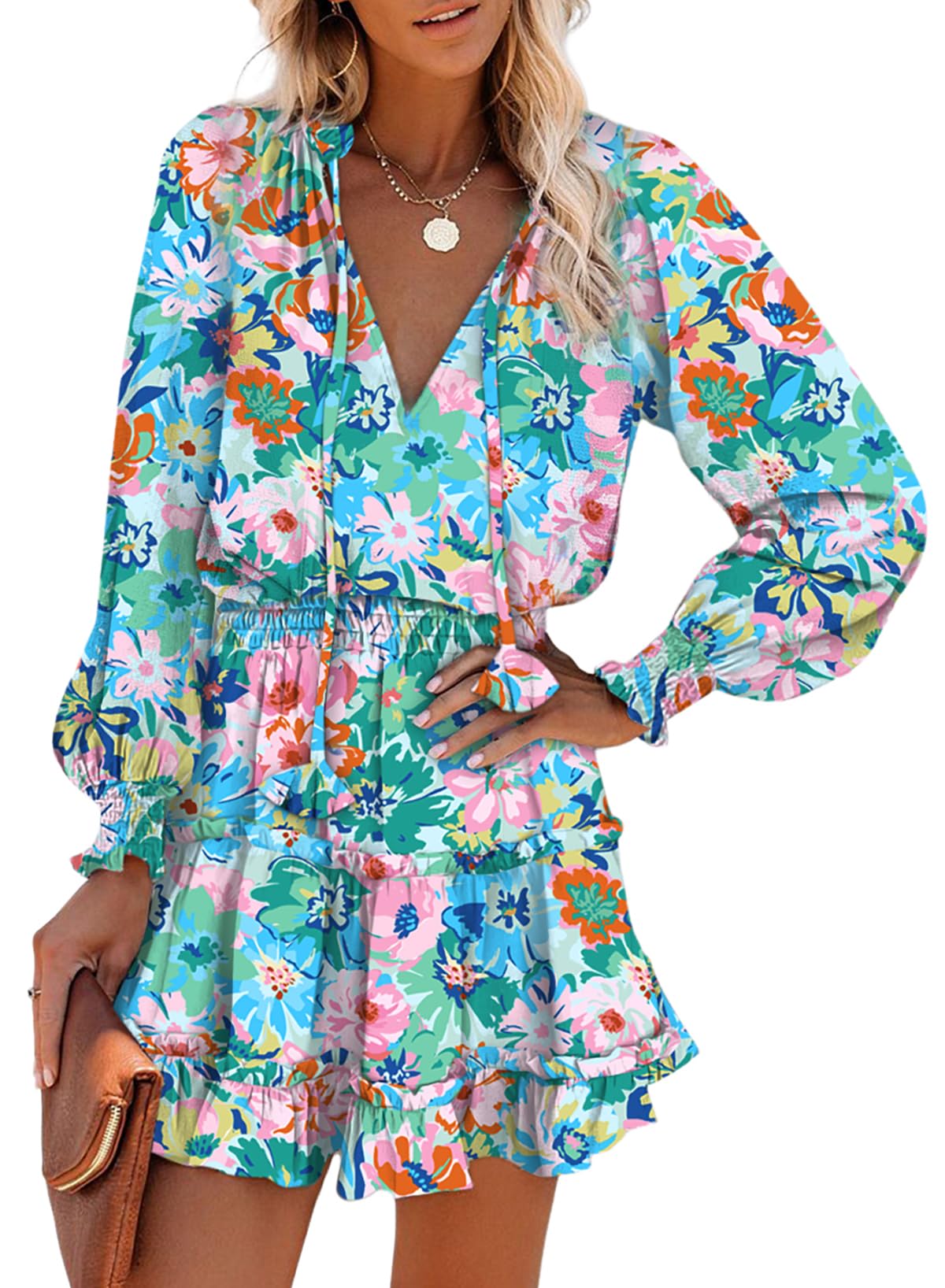 Dokotoo 2025 Spring Boho Floral Dress - V Neck Smocked Long Sleeve Ruffle Tiered Chiffon Mini Dress for Women | Perfect for Garden Parties, Date Nights & Spring Vacations