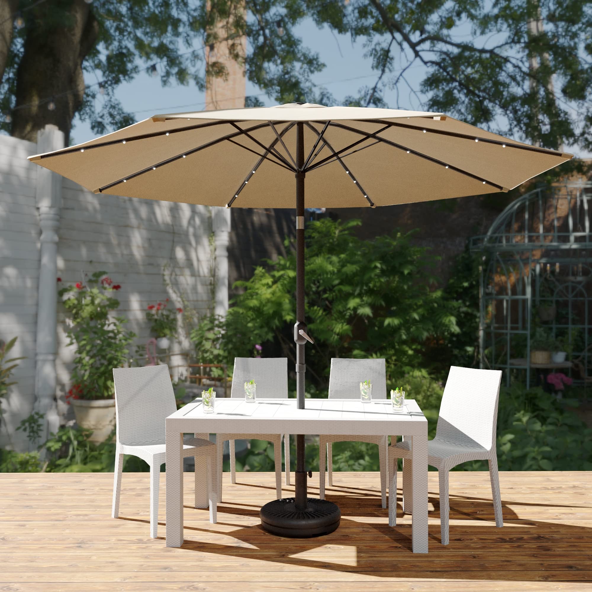 LeisureMod Sierra 9' Outdoor Patio Crank & Tilt Market Umbrella with Solar LED Lights - Waterproof Sun Shade for Garden, Poolside, Backyard, and Restaurant Outdoor Dining