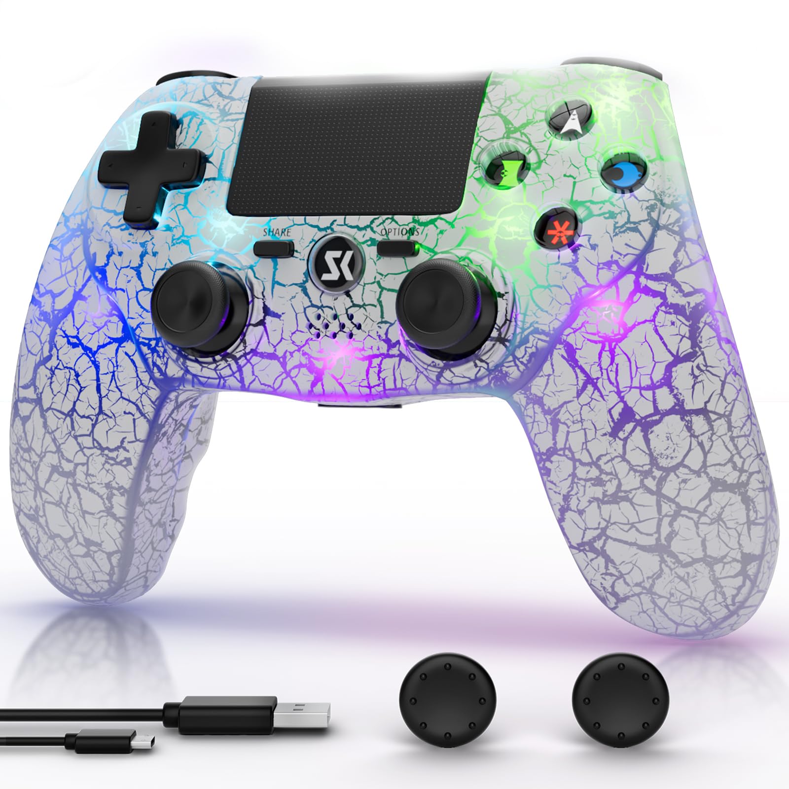 Wireless PS4 Controller for PlayStation 4/Pro/Slim - Adjustable RGB Lighting, 1000mAh Battery, 6-Axis Motion Sensor, Dual Shock Vibration & 3.5mm Audio Jack (White) - Perfect for Gaming, Streaming & Long Play Sessions