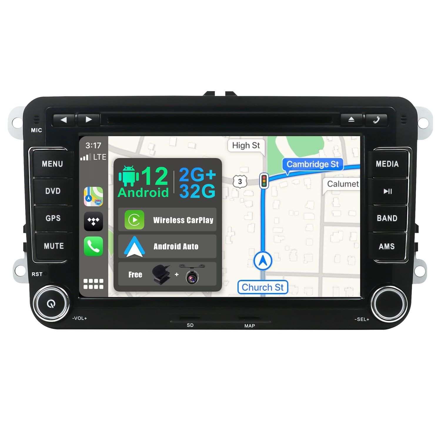 BXLIYER Android 12 Car Stereo 7 Inch 2 Din for VW Golf Skoda Seat Passat Polo - Wireless CarPlay & Android Auto - 2GB RAM 32GB ROM - Fast Boot DSP - Includes Rear Camera & Microphone - Perfect for Hands-Free Calling & Navigation