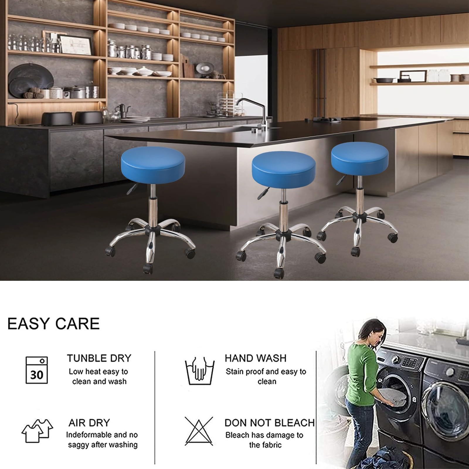 Waterproof Round Bar Stool Covers Set of 2 - PU Leather Stretch Seat Cushion Covers with Non-Slip Bottom for Kitchen, Dining Room & Bar Stools - Blue - Perfect for Home Decor, Restaurant & Cafe Use