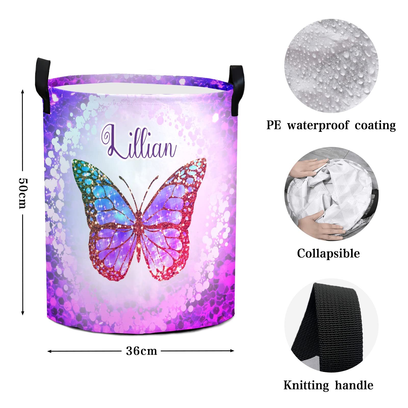 Custom Personalized Purple Butterfly Laundry Basket with Handles - Waterproof Collapsible Clothes Hamper for Bedroom & Bathroom - Large Capacity Storage Organizer for Home, Dorm, Laundry Room Decor