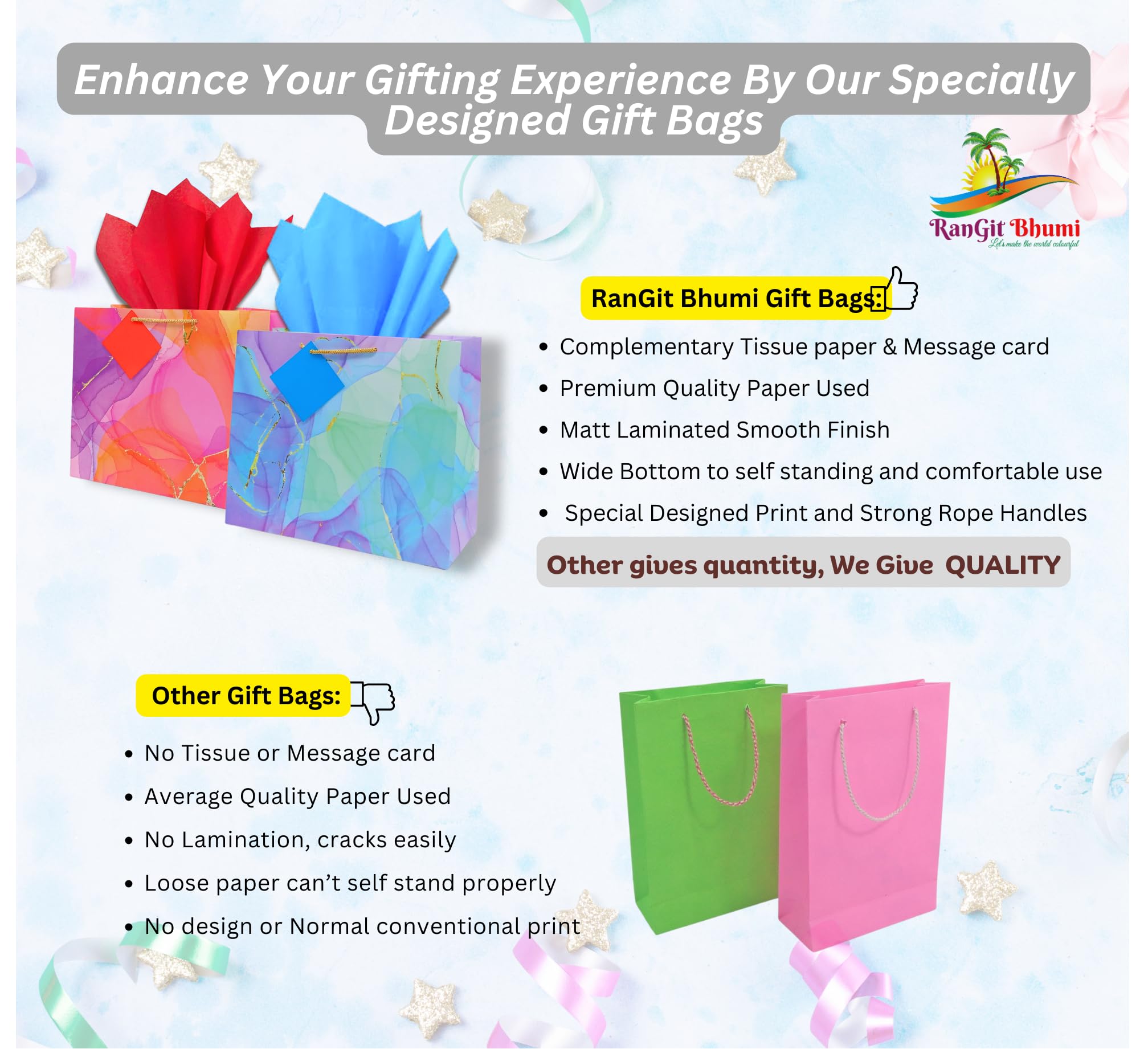 RanGit Bhumi 12x10x5 Inch Medium Blue Paper Gift Bags - Eco-Friendly Party Favor Bags for Birthday, Wedding, Engagement & Festivals | Perfect for Candies, Goodies & Return Gifts