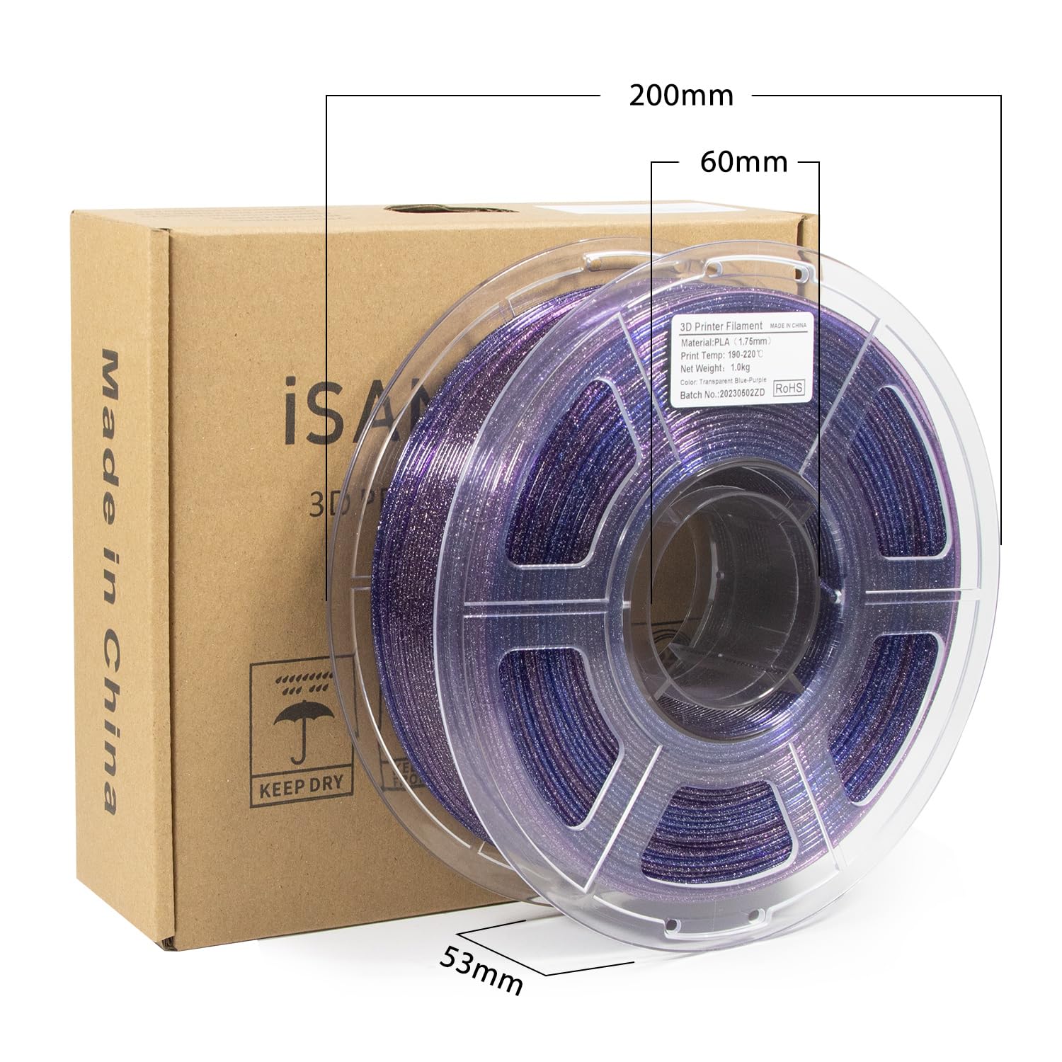 iSANMATE 3D Printer Filament 1KG/2.2lb - Clear PLA Multicolor Transparent Glitter Filament with Gradient Purple Blue Galactic Effect - Perfect for Cosplay Props, DIY Crafts, and Artistic 3D Printing Projects