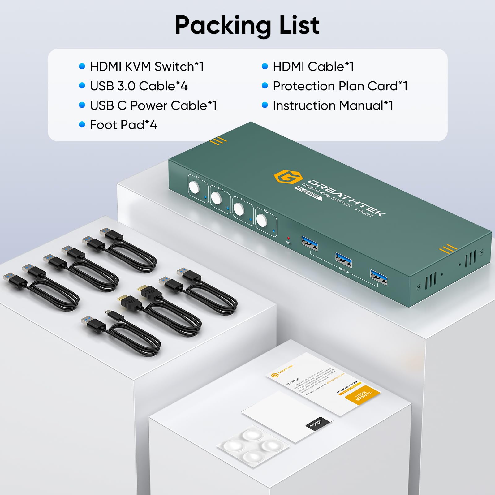 GREATHTEK 4 Port HDMI KVM Switch for 4 Computers 1 Monitor - 4K@60Hz, USB 3.0 Hub, Includes 1 HDMI & 4 USB Cables - Perfect for Home Office, Gaming Setup & Multi-PC Workstations