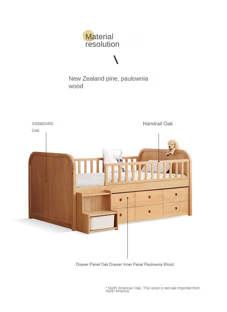 Solid Oak Wood Multi-Function Storage Bed with Wide Underbed Drawers - Perfect for Bedroom Organization & Small Space Living