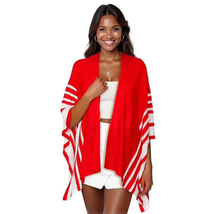 Stylish Red & White Two-Tone Ruana Poncho Shawl Wrap - Perfect for Fall Fashion, Casual Outings & Boho Chic Looks