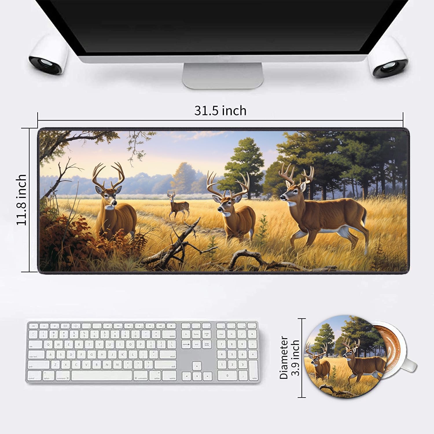 Large Extended Gaming Mouse Pad with Non-Slip Rubber Base - XXL Keyboard & Mouse Mat for PC, Laptop, Office & Study | Includes Free Cup Coaster (Deer Design) - Perfect for Gamers, Work & Home Office Setup