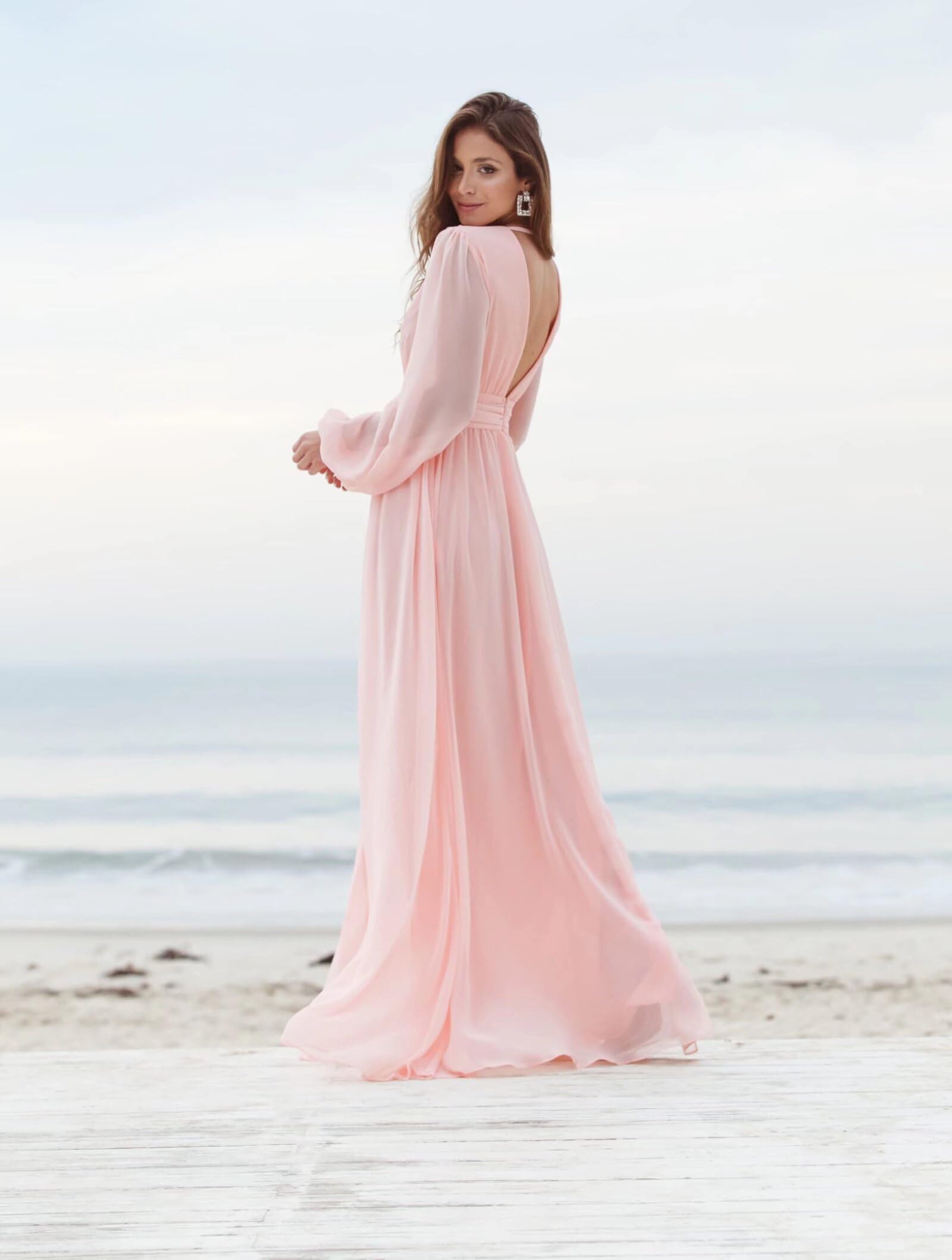 Elegant Long Sleeve V-Neck Chiffon Bridesmaid Dresses with High Slit - Formal Evening Gowns for Women Wedding Guest, Party & Special Occasions