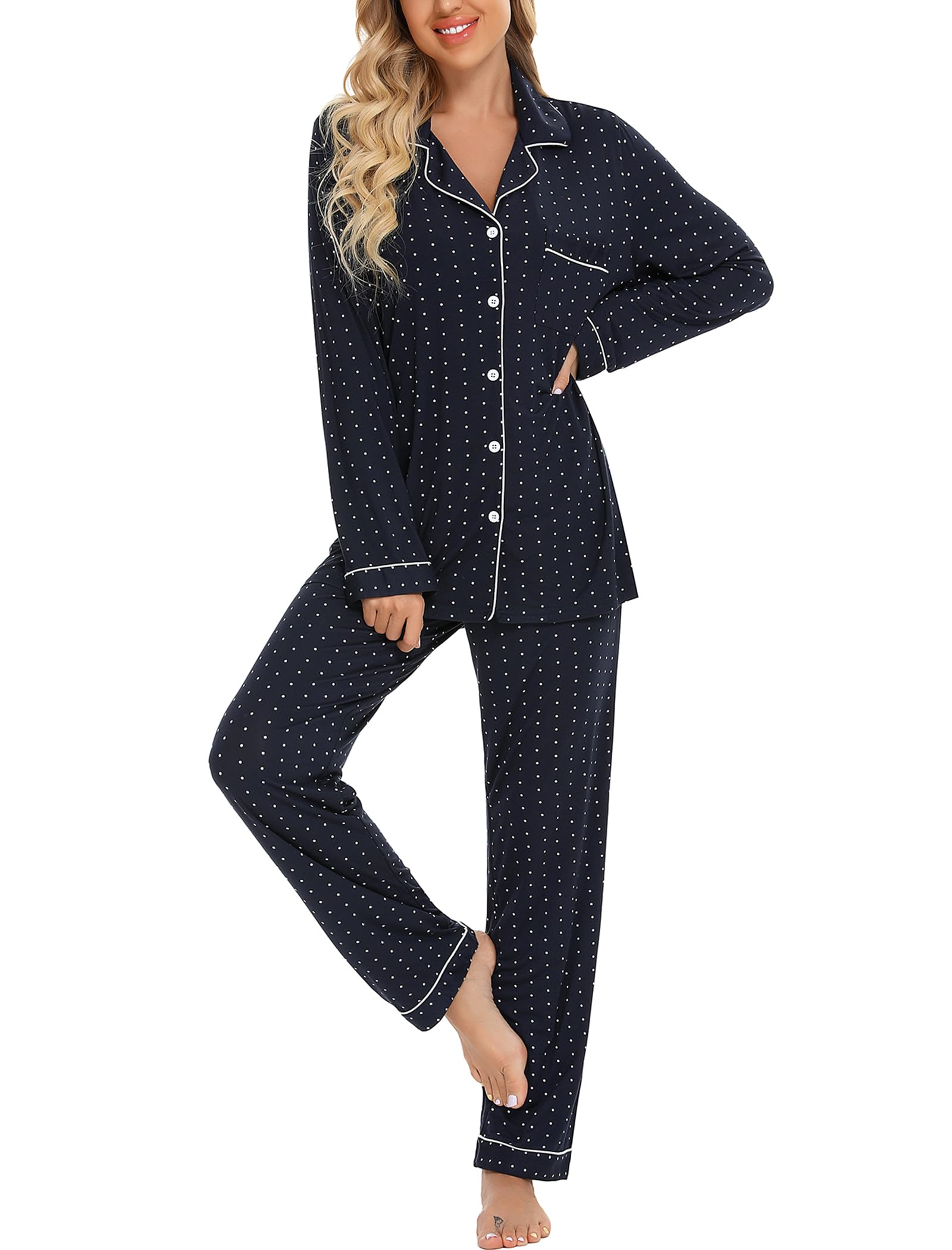 **Leikar Women's Button-Up Pajama Set - Soft Long Sleeve Shirt & Lounge Pants - Cozy Sleepwear & Loungewear for Relaxing at Home**