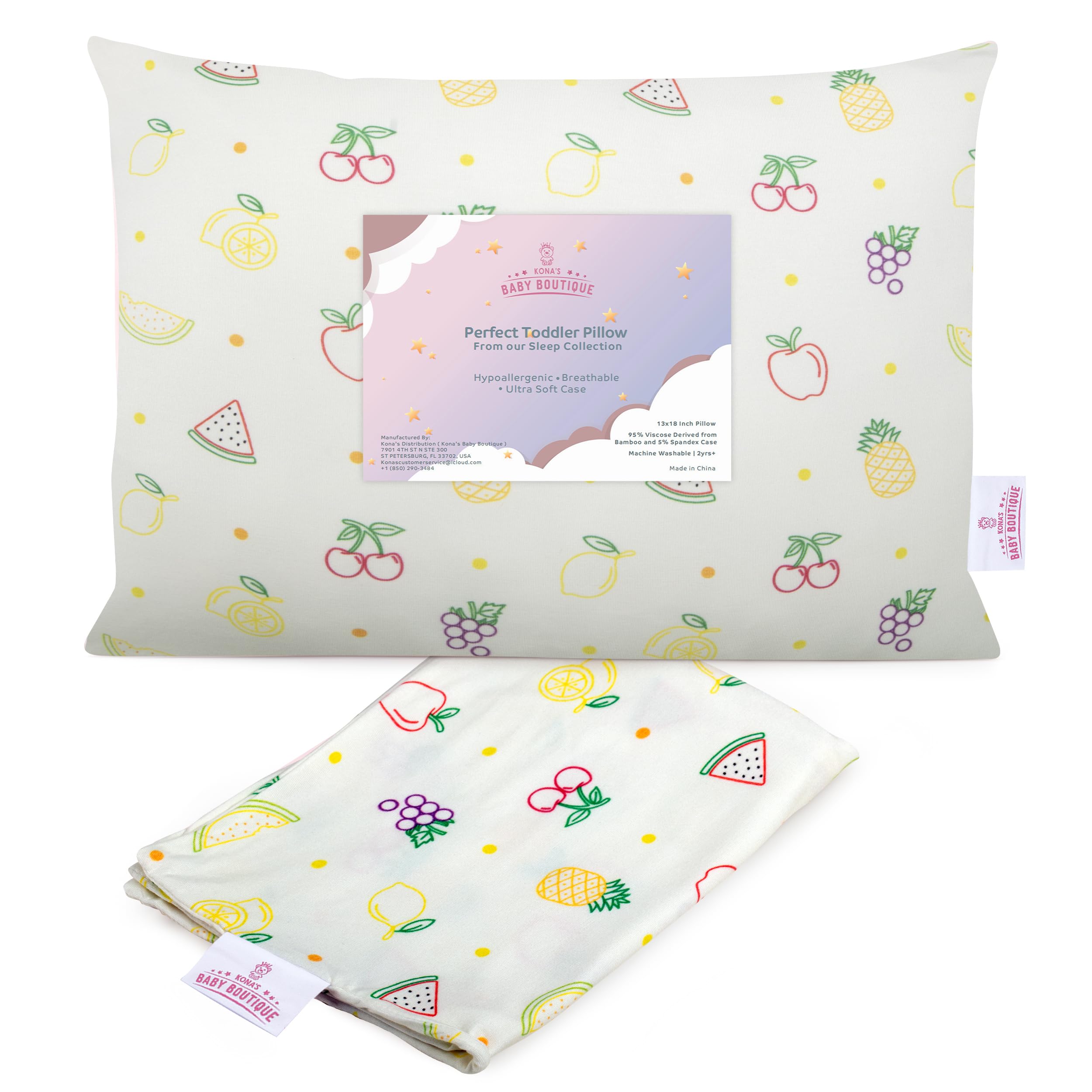 **Kona's Softest Toddler Pillow for 2-3 Year Olds - 13 x 18 Inch Yellow Fruits Design - Perfect for Naptime, Travel & Daycare**