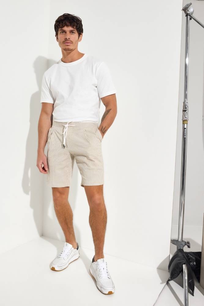 Bailey Casual Shorts for Women - Beige and White Stripe Seersucker Stretch Cotton Shorts | Comfortable Summer Shorts for Beach, Travel & Everyday Wear