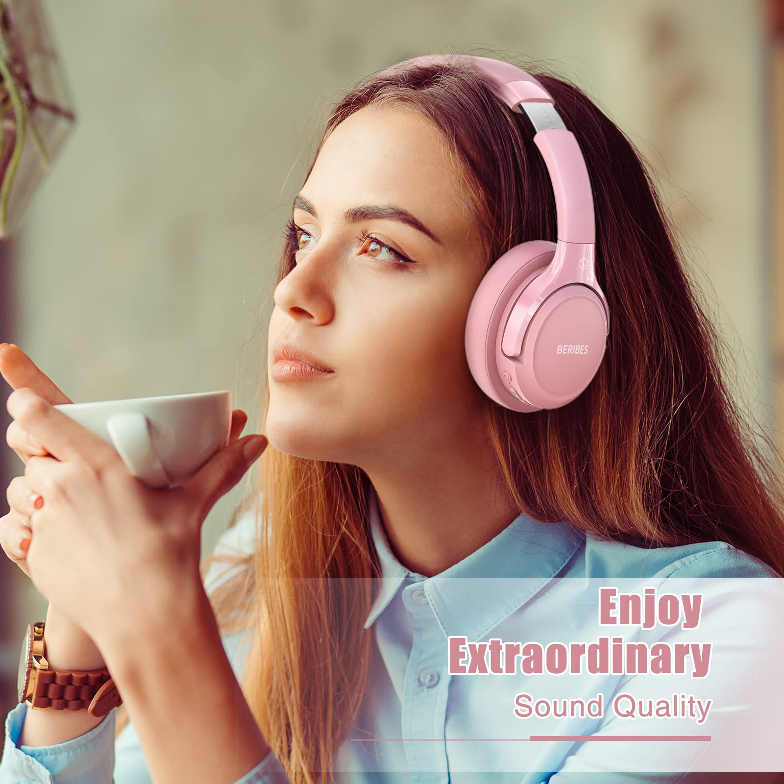 BERIBES Bluetooth Wireless Over Ear Headphones with Microphone - 65H Playtime, 6 EQ Modes, HiFi Stereo, Foldable & Lightweight - Perfect for Home, Office, Travel, Gaming & Music (Pink)