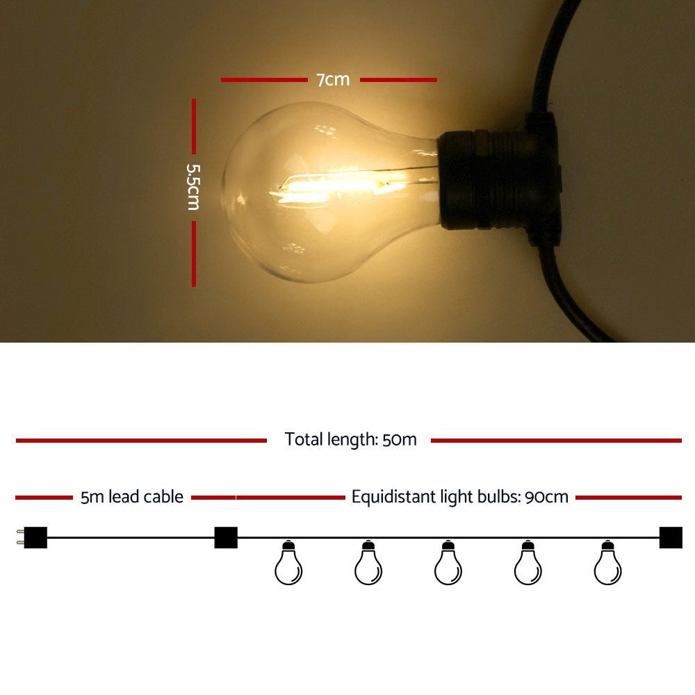 50m LED Festoon String Lights with 50 Bulbs - Waterproof Outdoor Decorative Lighting for Wedding, Party, Christmas, Garden, Patio, and Backyard Decor