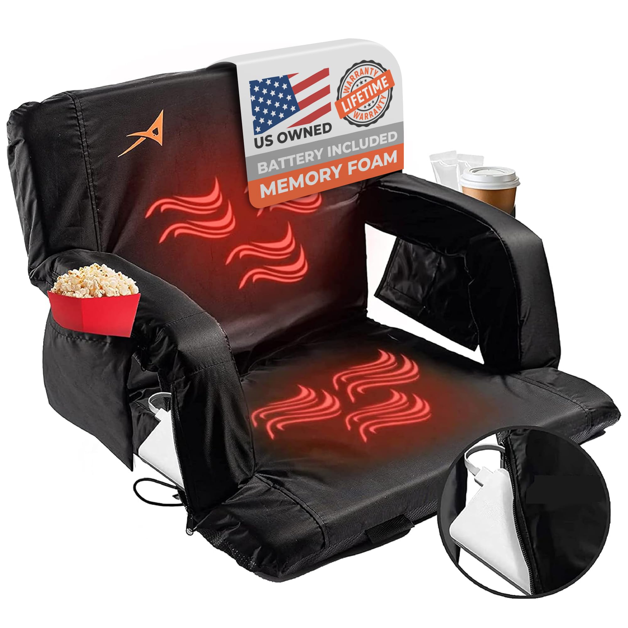 ACELETIQS Heated Stadium Seat with Back Support - Portable Foldable Bleacher Chair with 3-Level Heat Settings, USB Battery, 4 Pockets & Cup Holder - Perfect for Camping, Sporting Events & Outdoor Games (26