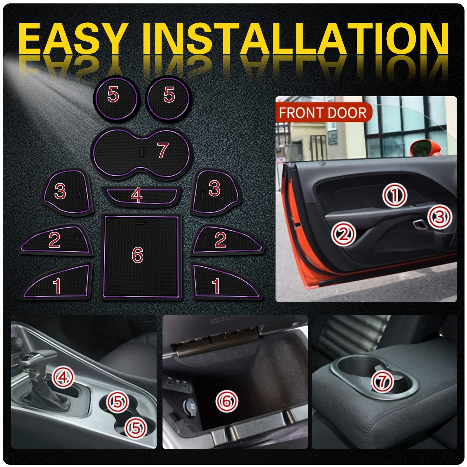 Premium Anti-Dust Interior Pads Set for Dodge Challenger 2015-2024 - 11-Piece Custom Fit Cup Holder Inserts, Center Console Liner & Door Pocket Mats with Purple Trim | Perfect for Car Organization & Protection
