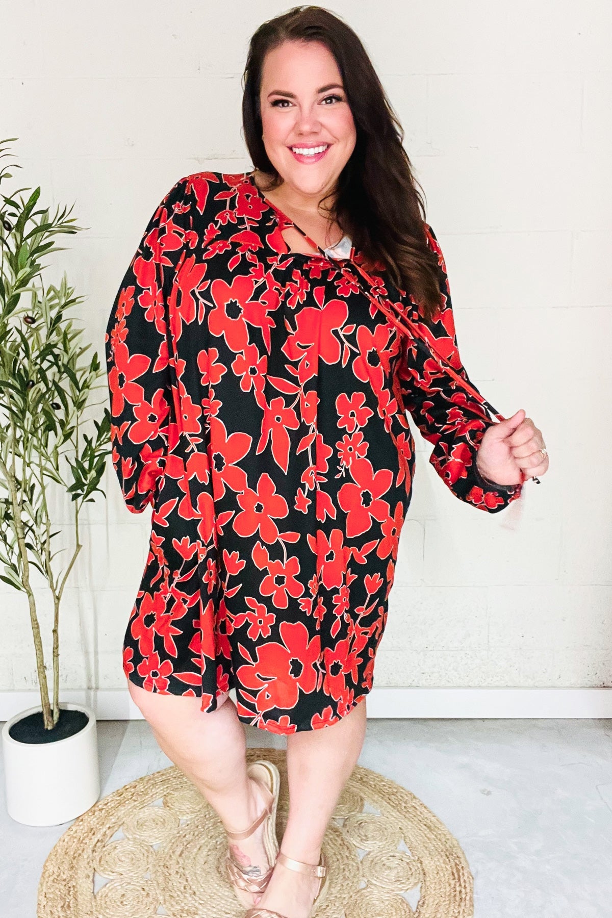 Boldly You Rust & Black Floral Print Front Tie Dress - Elegant Women's Midi Dress for Parties, Dates & Special Occasions
