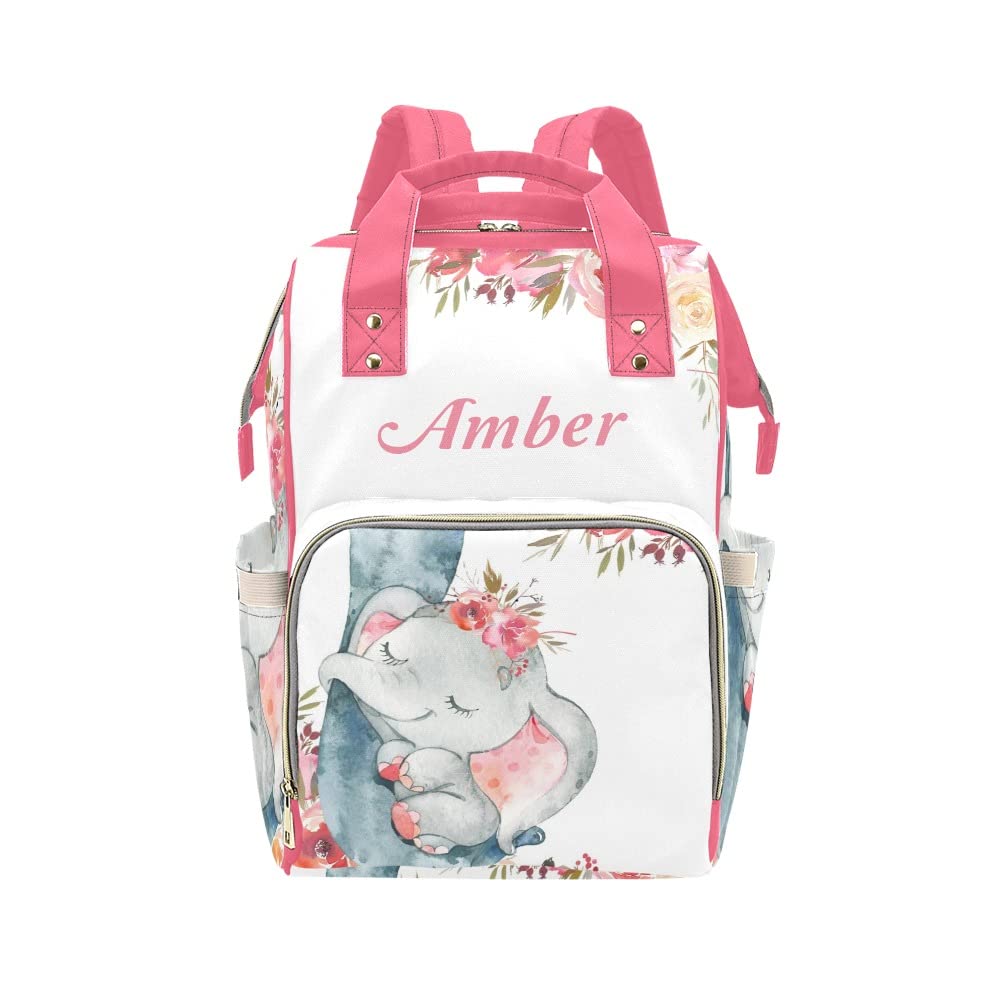 Personalized Elephant Red Flower Diaper Backpack - Waterproof Baby Nursing Travel Bag with Name Tag | Perfect Baby Shower Gift for New Moms | Ideal for Daycare, Park Outings & Family Trips