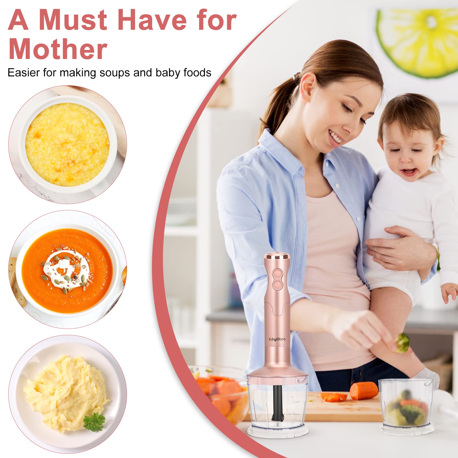 Keylitos 5-in-1 Immersion Hand Blender - 12-Speed Powerful Stick Blender with 304 Stainless Steel Blades, Chopper, Beaker, Milk Frother & Egg Whisk (Golden Pink) - Perfect for Smoothies, Soups, Baby Food & Baking
