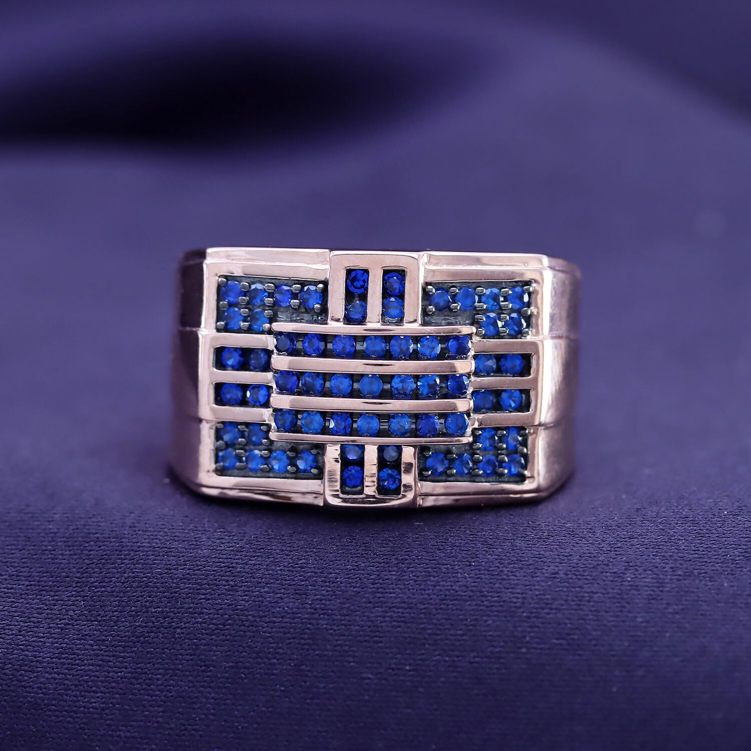 14k Gold Over Sterling Silver Round Cut Simulated Blue Sapphire Men's Band Ring - Elegant Jewelry Gift for Father's Day, Wedding, Anniversary & Special Occasions
