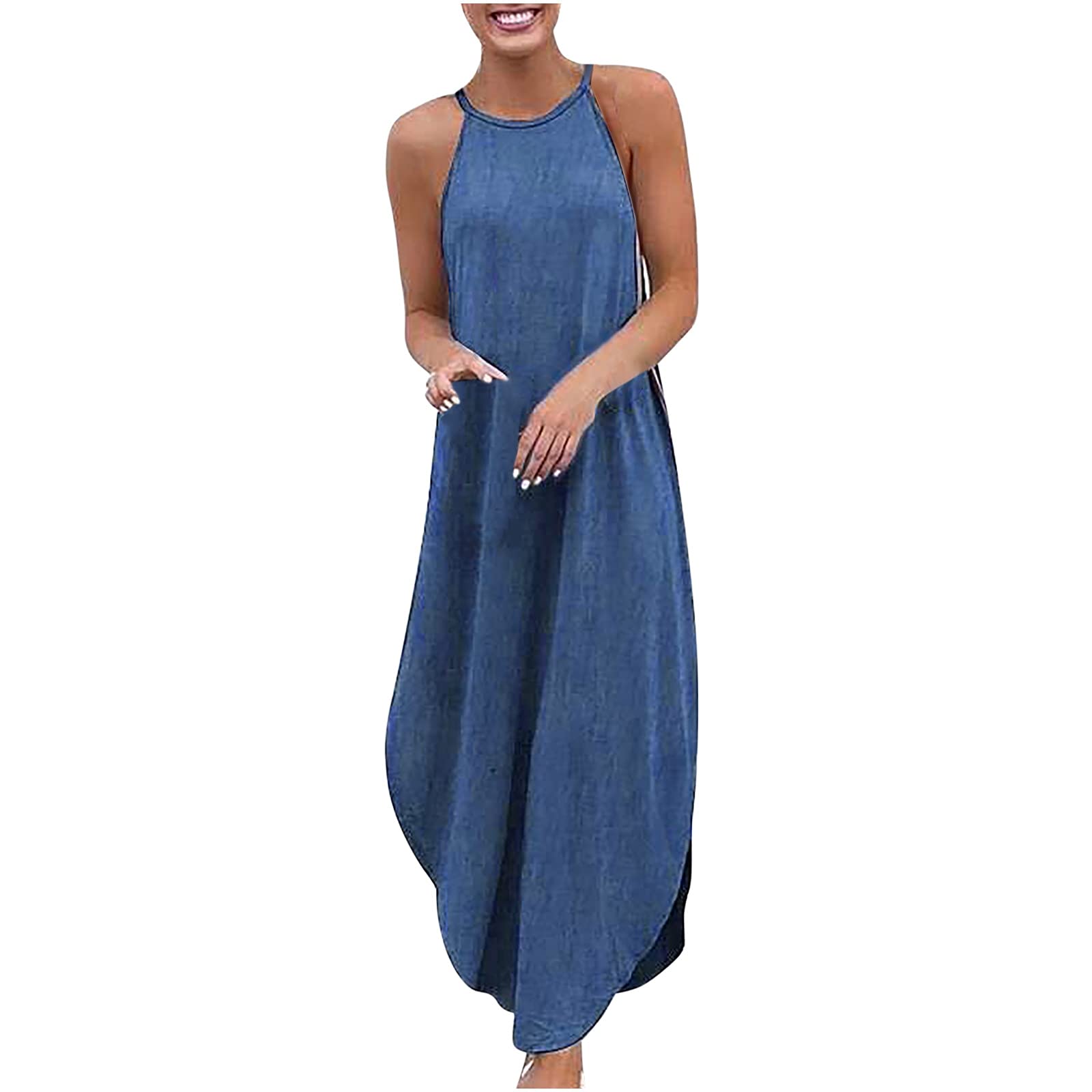 Women's Vintage Sleeveless Cold Shoulder Maxi Dress - Casual Summer Halter Dress with Round Neck & Irregular Hem | Perfect for Beach Vacations, Date Nights & Summer Parties