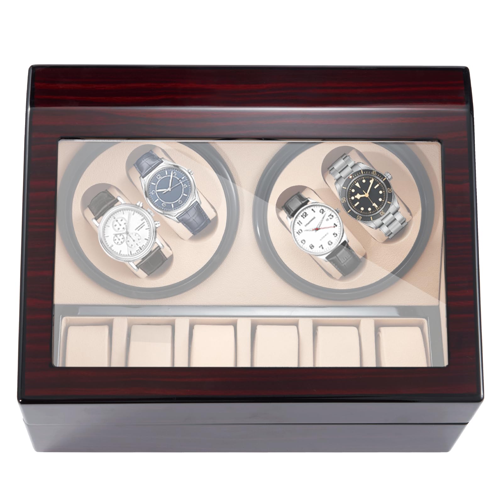 Premium Automatic Watch Winder Box - 10 Capacity (4+6) Wooden Storage Display Case with Japanese Silent Motor, Adjustable Watch Pillows & AC Adapter - Perfect for Men's & Women's Luxury Watches Collection, Home/Office Display & Travel Storage