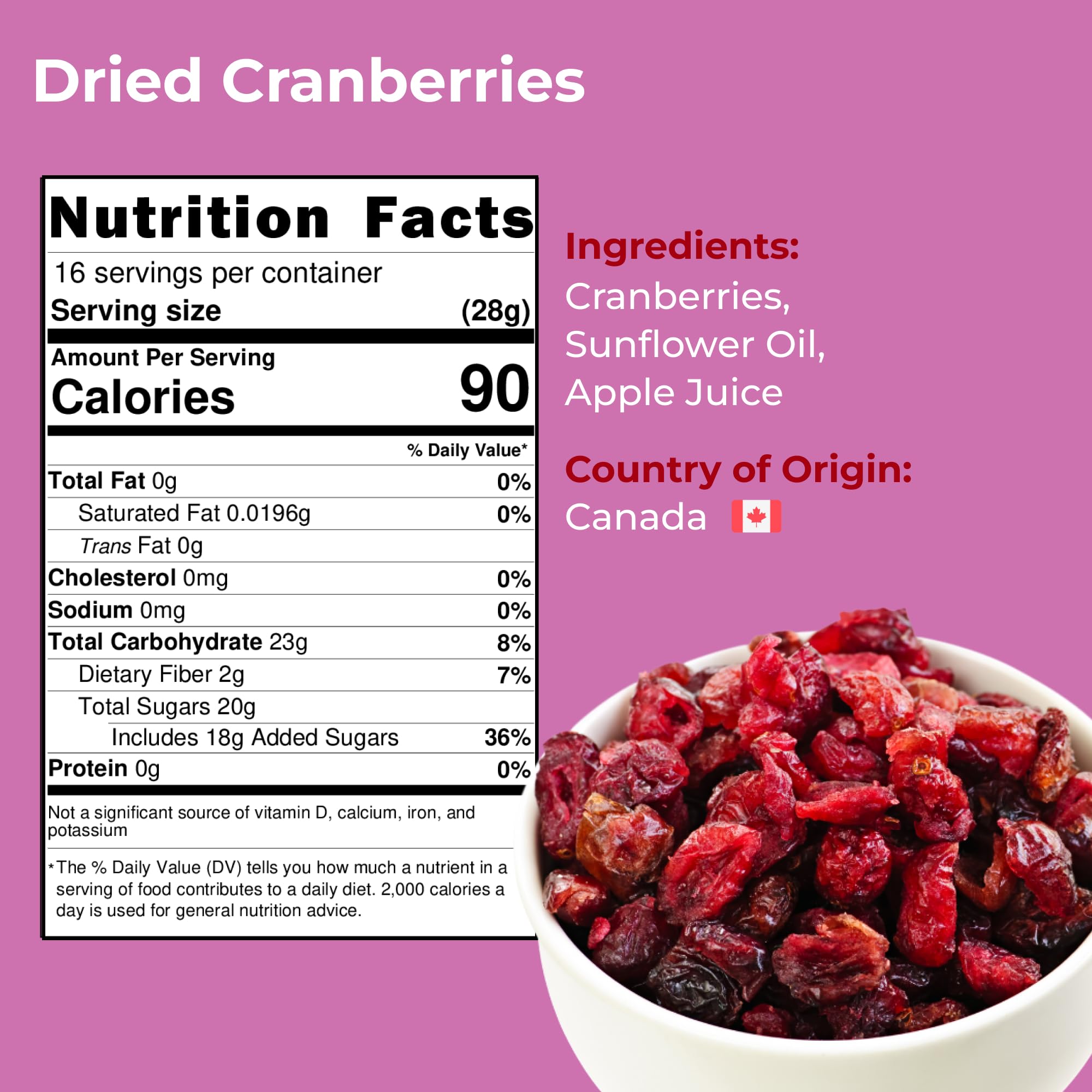 Amrita Dried Cranberries 1 lb - Sweetened with Apple Juice, Unsulfured, Gluten Free, Non-GMO, No Preservatives | Resealable Bag for Freshness | Perfect for Healthy Snacks, Salads, Baking & Trail Mix | Great for On-the-Go, Lunch Boxes & Dessert Toppings