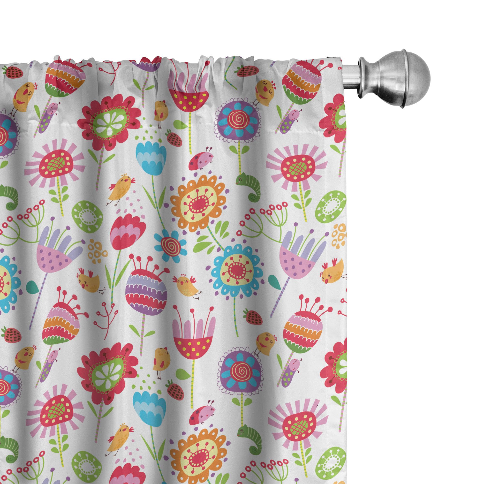Ambesonne Floral Window Curtains - Colorful Garden Design with Blossoms, Strawberries & Birds - Lightweight 2-Panel Set with Rod Pocket (28x63 inches) - Perfect for Living Room, Bedroom & Nursery Decor - Red & Green Botanical Print