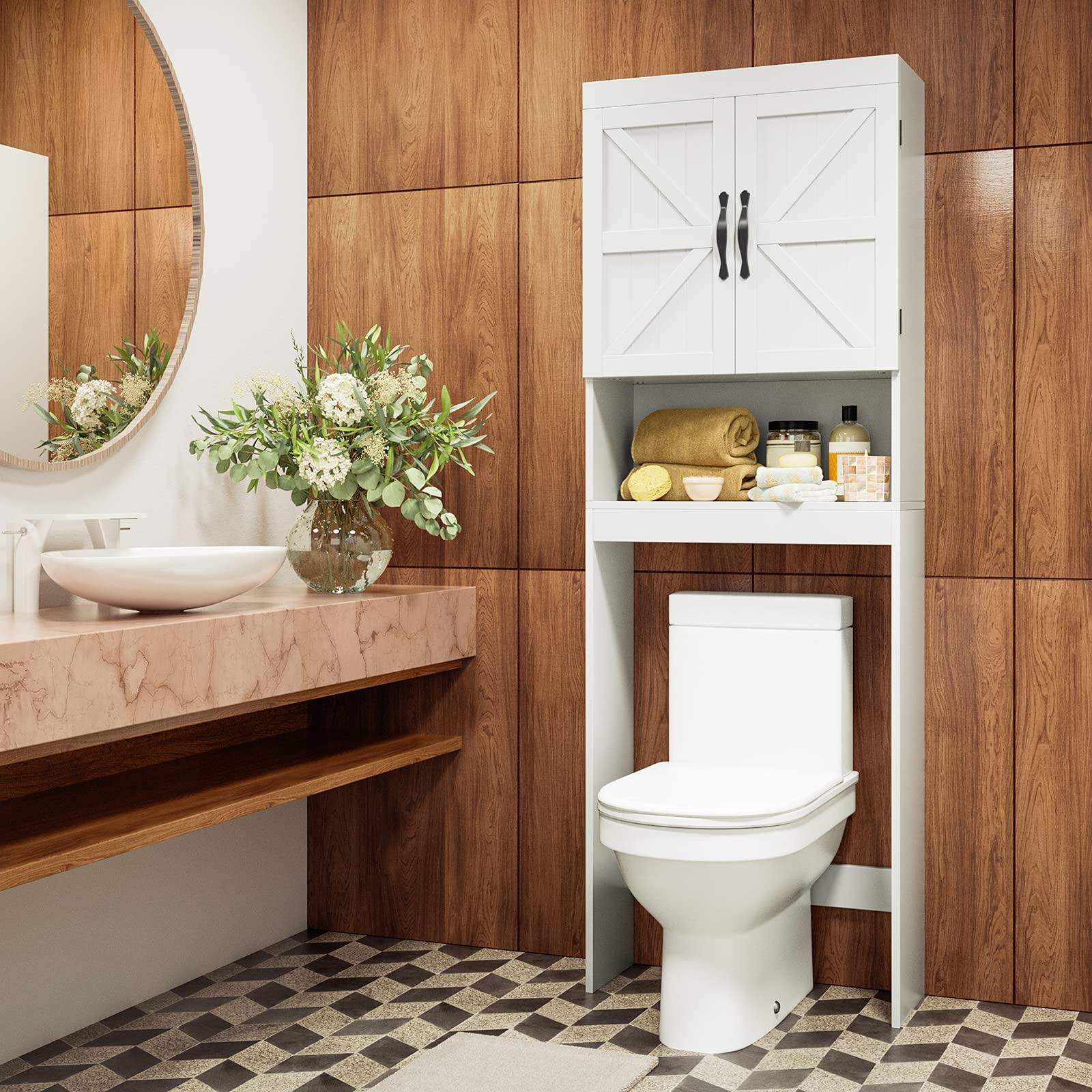 SRIWATANA Over The Toilet Storage Cabinet - White Bathroom Space Saver with Adjustable Shelves, 2-Door Organizer for Toilet Paper & Bath Essentials - Perfect for Small Bathrooms & Apartment Living