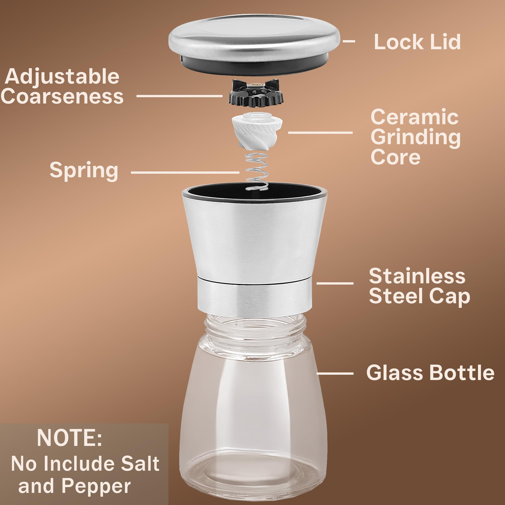 Premium Salt and Pepper Grinder Set - Adjustable Coarseness, Refillable Manual Mill with Stainless Steel Lid & Glass Body - Perfect for Home Kitchen, Dining Table, BBQ, and Restaurant Use