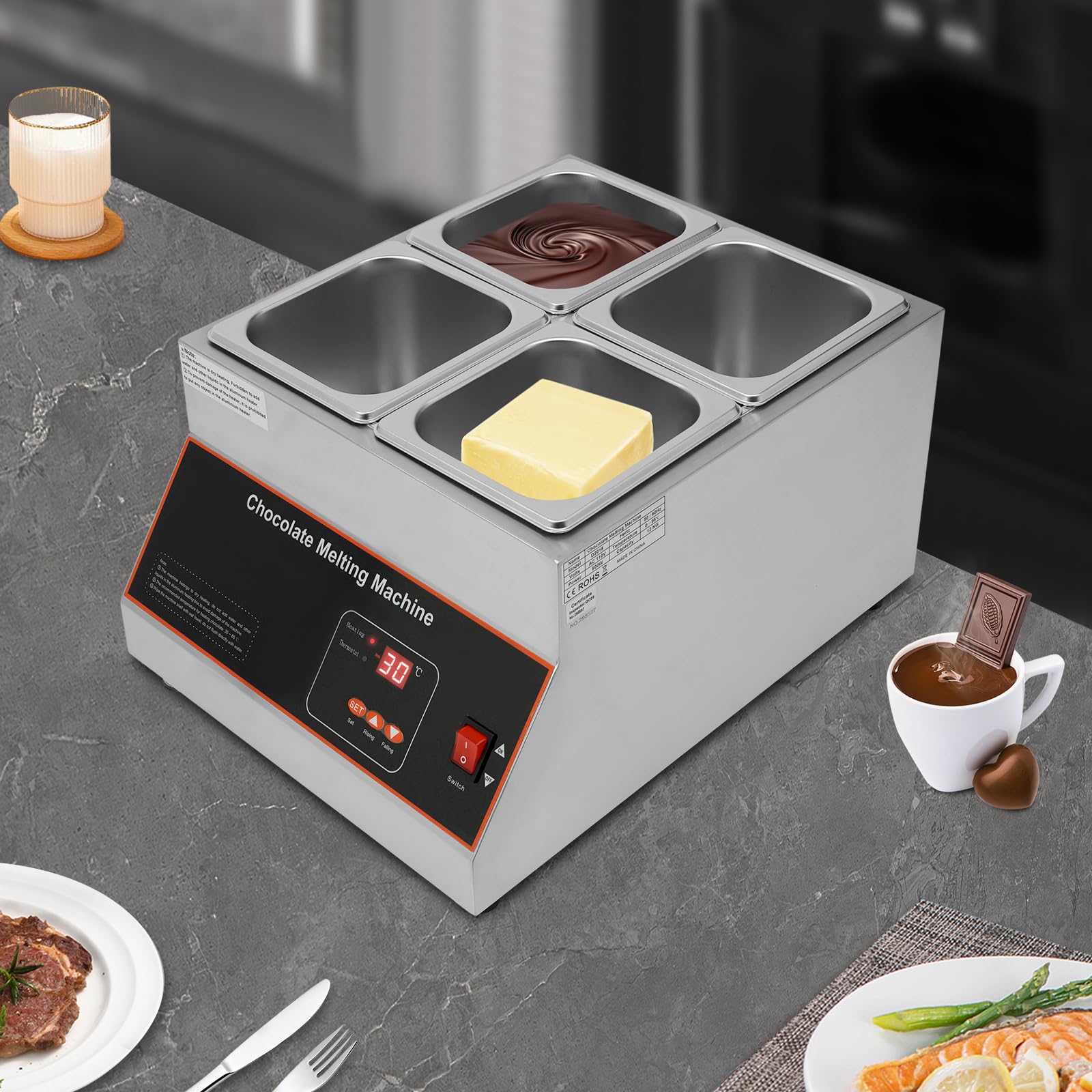 110V Electric Chocolate Tempering Machine - 26.46 Lbs Capacity, 4 Tanks Stainless Steel Chocolate Melter with Precise Temperature Control (32~203°F) - Perfect for Melting Chocolate, Milk, Cream - Ideal for Bakeries, Candy Shops & Home Chocolate Making