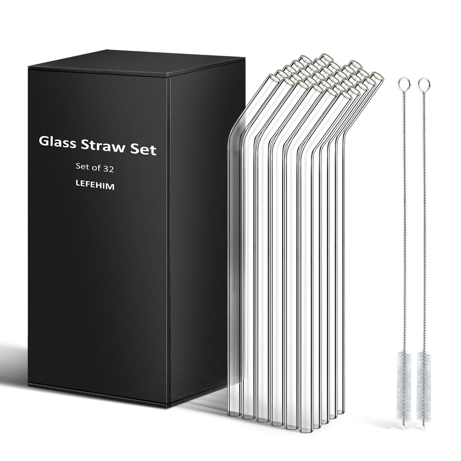 32 Pack Reusable Glass Straws - 10 Inch Clear Bendy Wide Smoothie & Cocktail Straws for Smoothies, Juices, Cocktails | Eco-Friendly Drinking Straws for Home, Parties, Travel & Outdoor Use