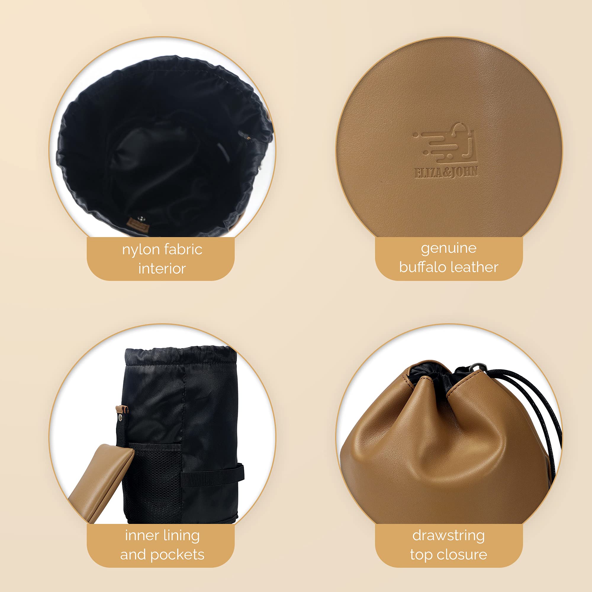 Eliza & John - Large Makeup Organizer & Travel Toiletry Bag for Women & Men, Waterproof Drawstring Shaving Kit with Multiple Pockets - Perfect for Vacation, Gym, Camping & Business Trips (Camel)
