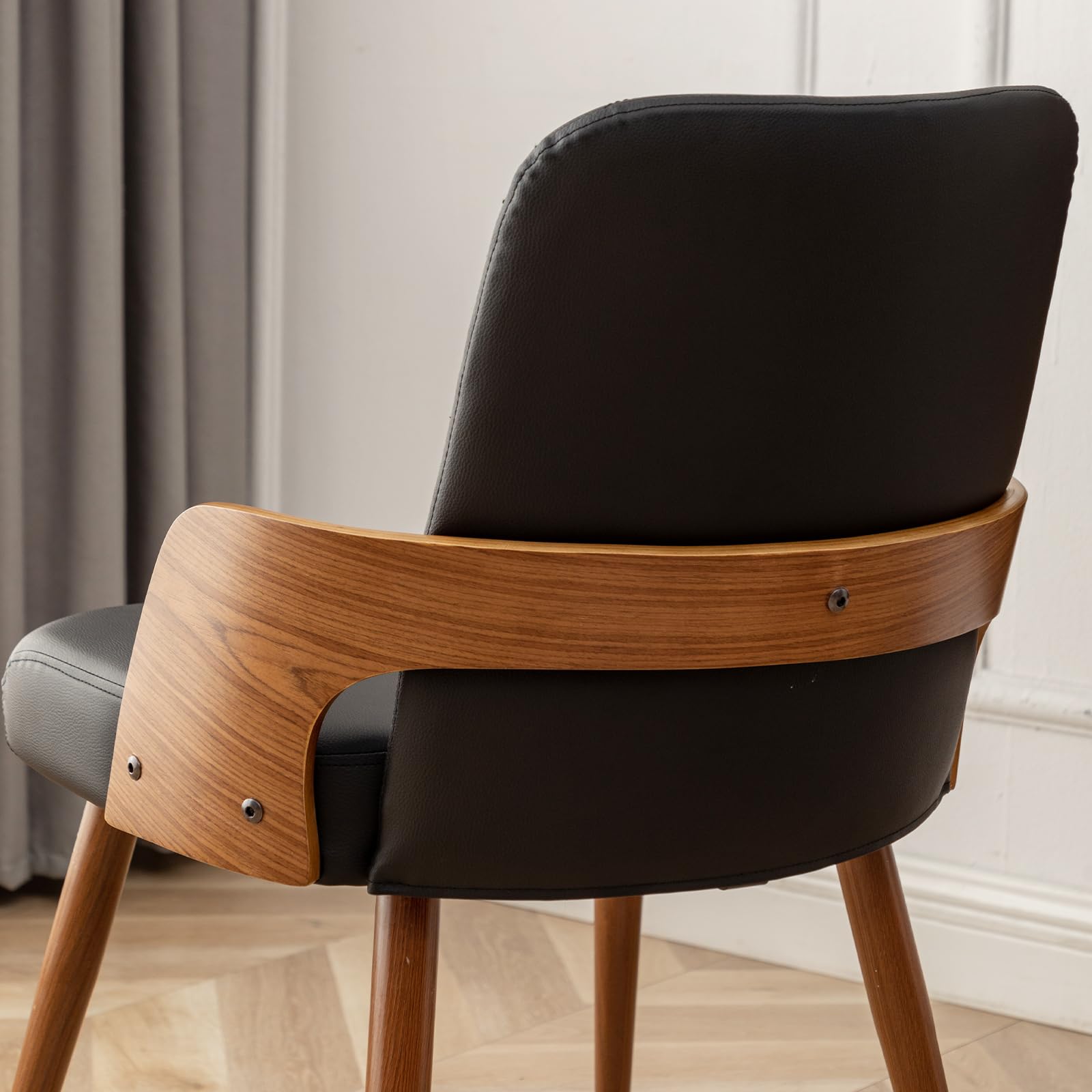 Mid Century Modern Dining Chairs Set of 2 - Upholstered Faux Leather Kitchen Chairs with Metal Legs - Armless Wooden Accent Chairs for Dining Room, Living Room & Office - Black | Perfect for Small Spaces & Contemporary Home Decor