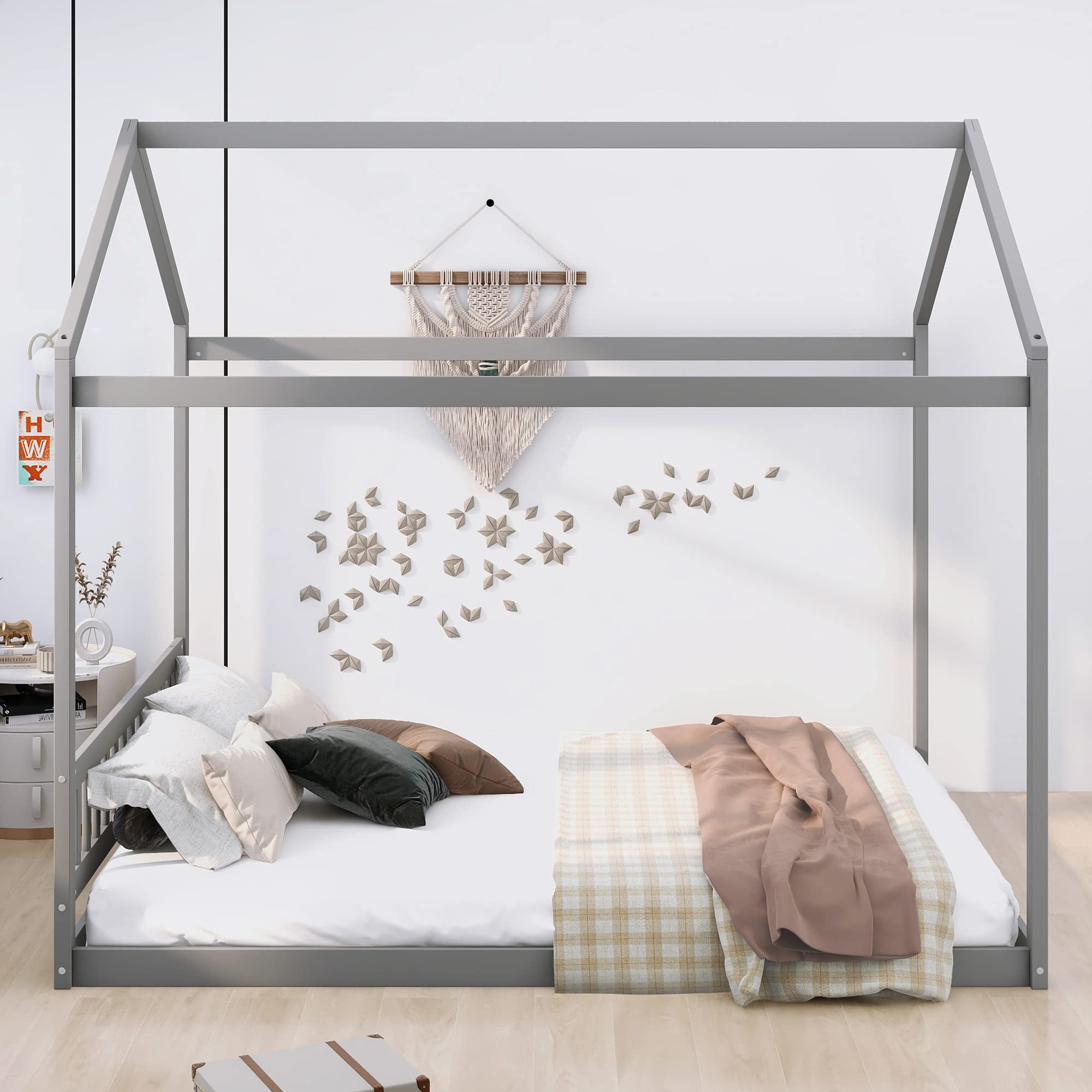 Montessori Wooden House Floor Bed Frame for Kids, Teens & Adults - Queen Size with Roof, No Box Spring Needed, Gray - Perfect for Kids' Bedrooms, Playrooms & Montessori Learning Spaces