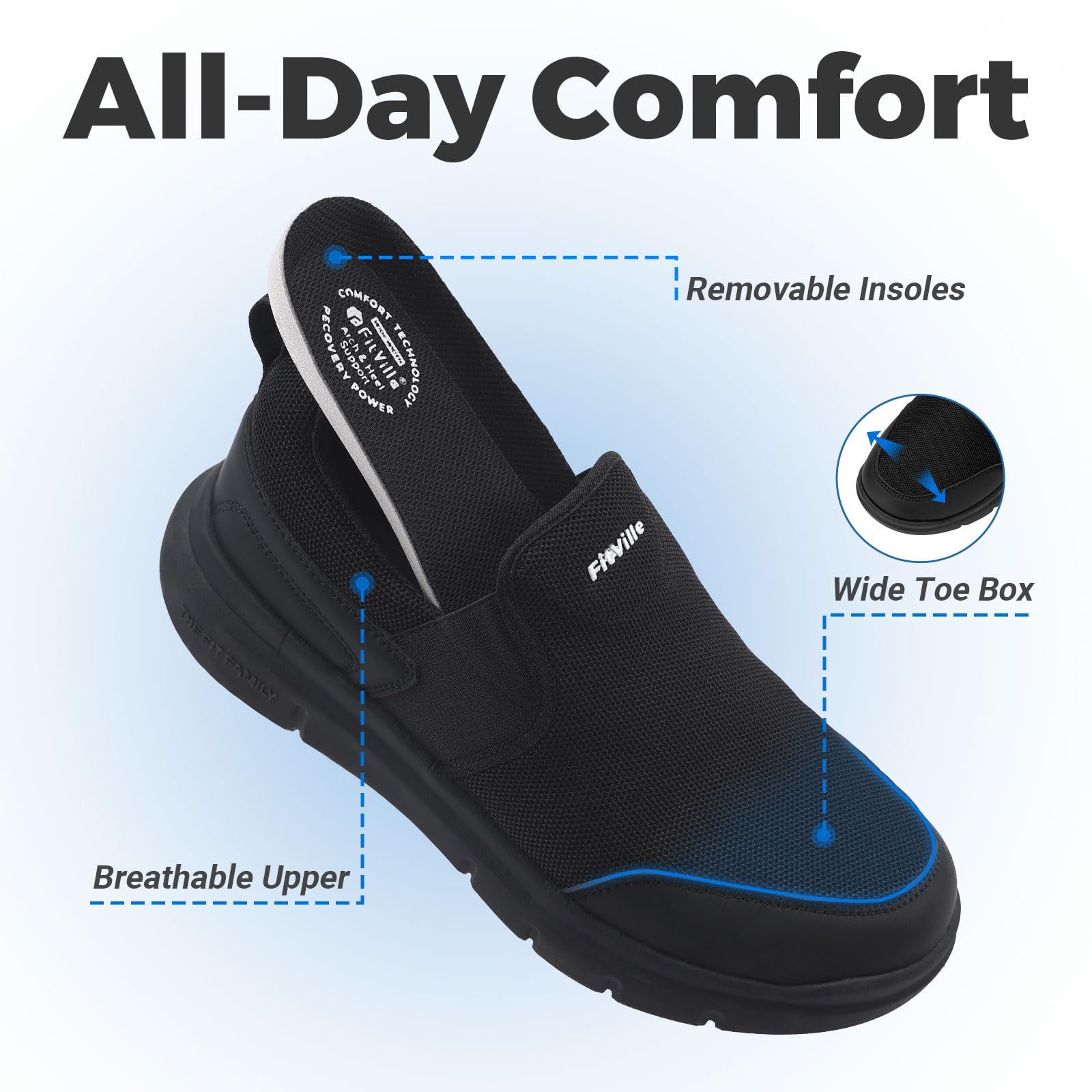 FitVille Men's Extra Wide Slip-On Walking Shoes - Lightweight Non-Slip Breathable Casual Loafers for All-Day Standing Comfort - Perfect for Work, Travel & Daily Wear