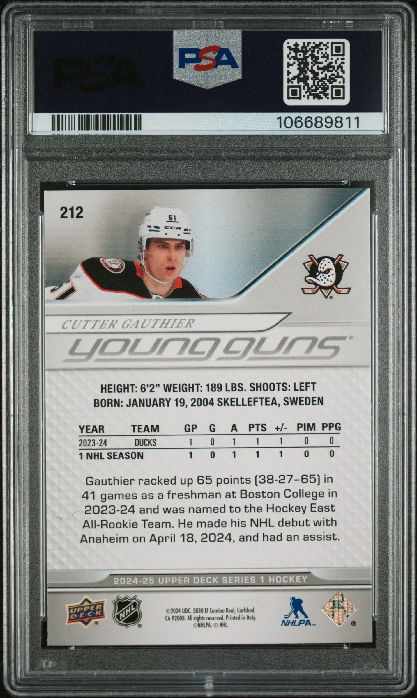 2024 Upper Deck Series 1 Cutter Gauthier Young Guns Rookie Card PSA 10 Gem Mint - Perfect for Hockey Card Collectors and Sports Memorabilia Enthusiasts