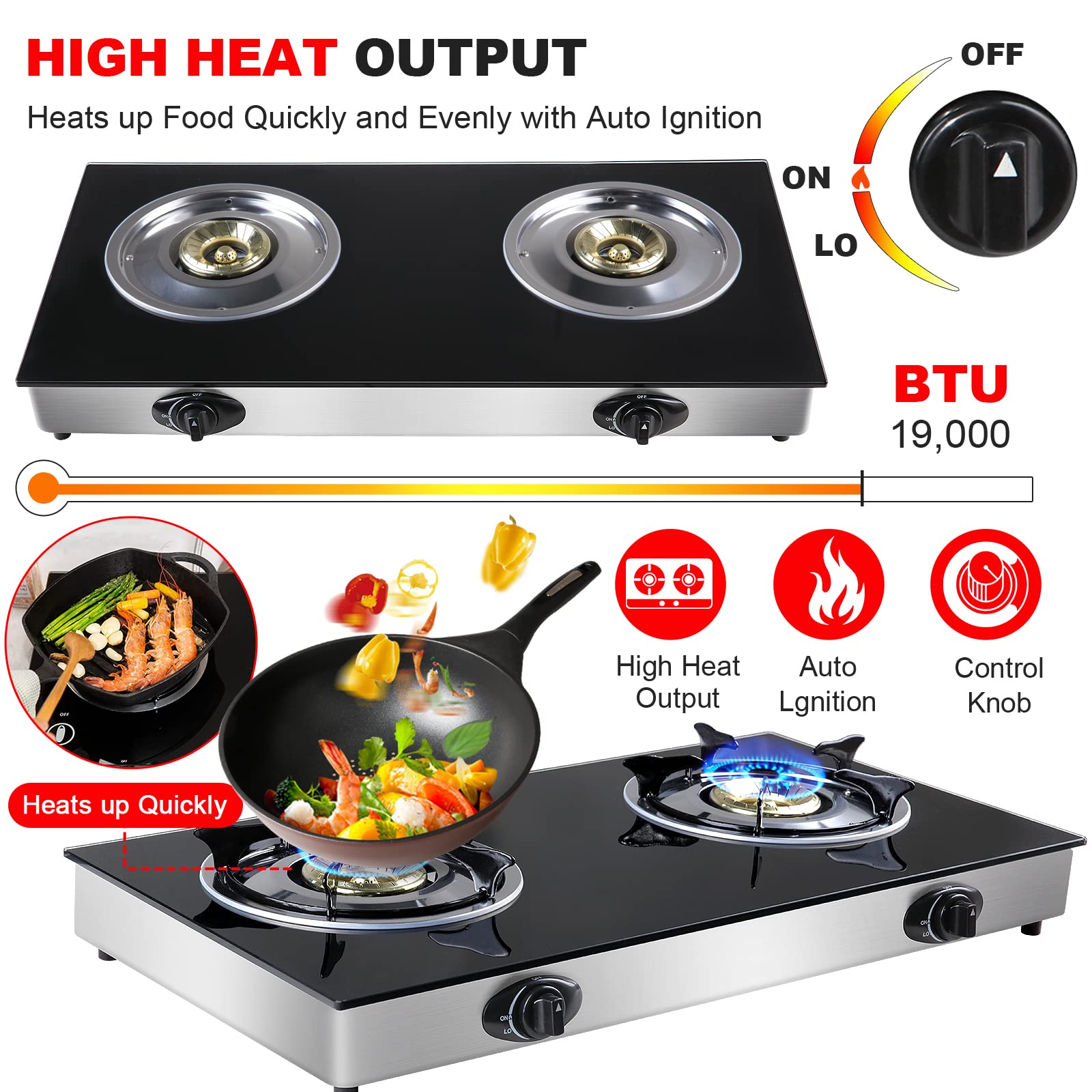 Portable 2-Burner Propane Gas Cooktop with Tempered Glass & Auto Ignition - LPG Camping Stove for RV, Apartments, Outdoor Cooking, Picnics & Backpacking